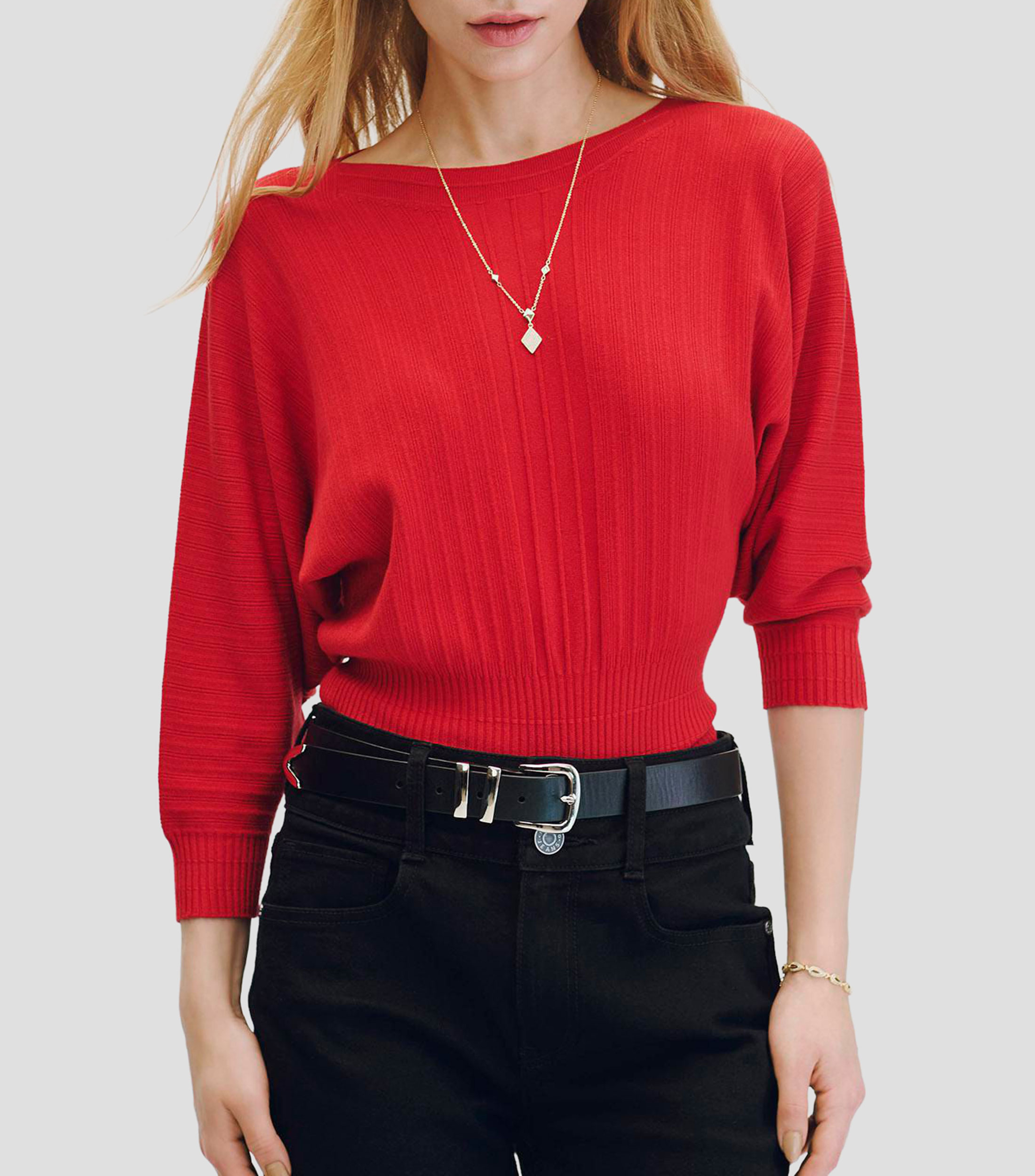 Suéter Tejido Canalé Rojo Manga Dolman Cenefa Ajustada Mujer