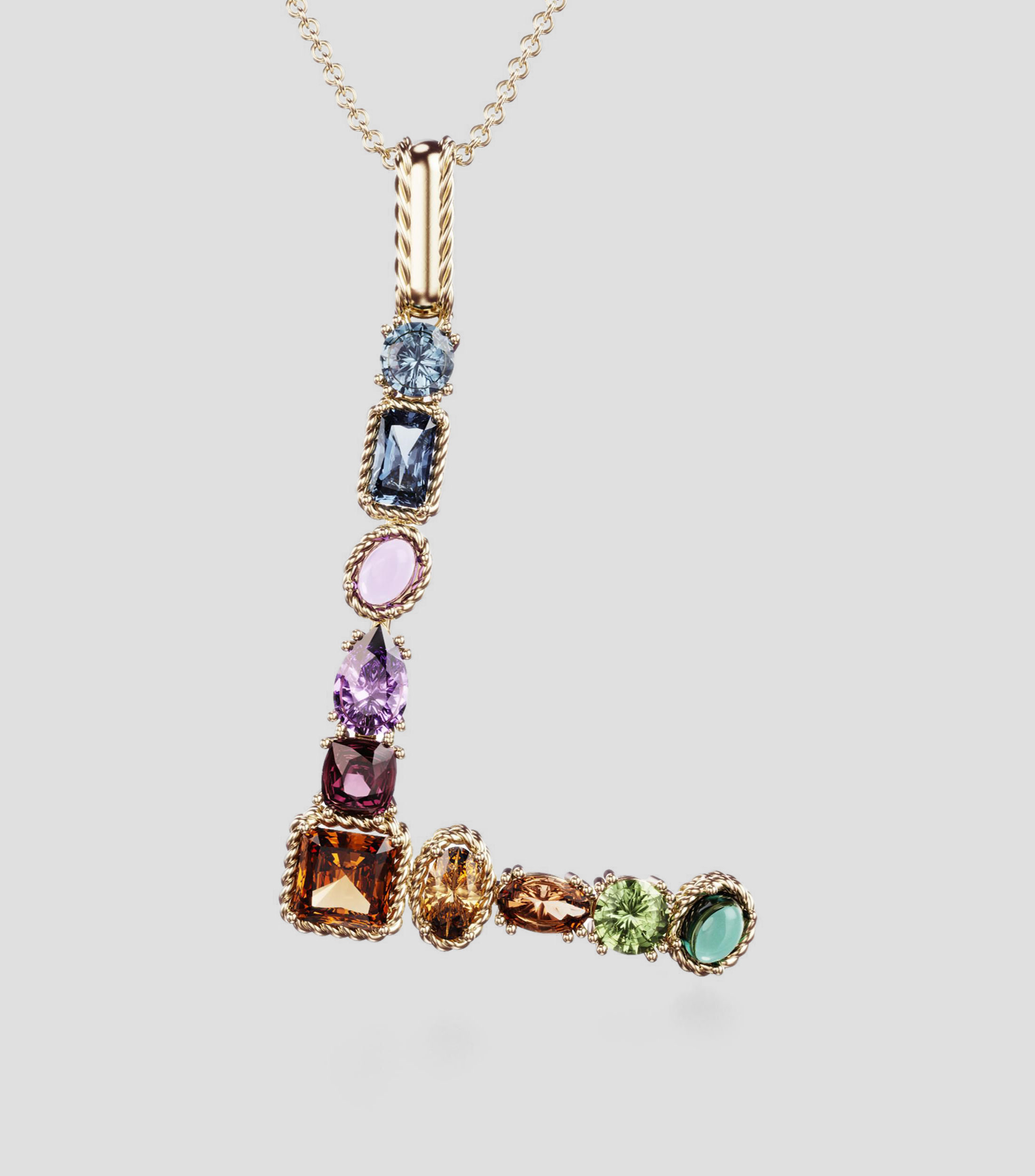 Collar con letra "L" en Oro de 18 Kilates gemas multicolores Rainbow Alphabet Mujer