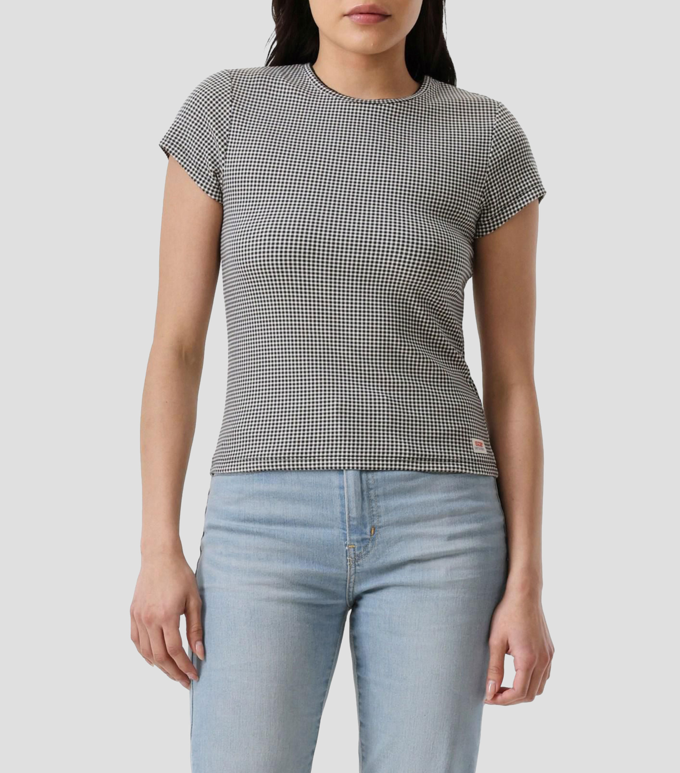 Playera de cuello redondo con manga corta y cuadros Mujer
