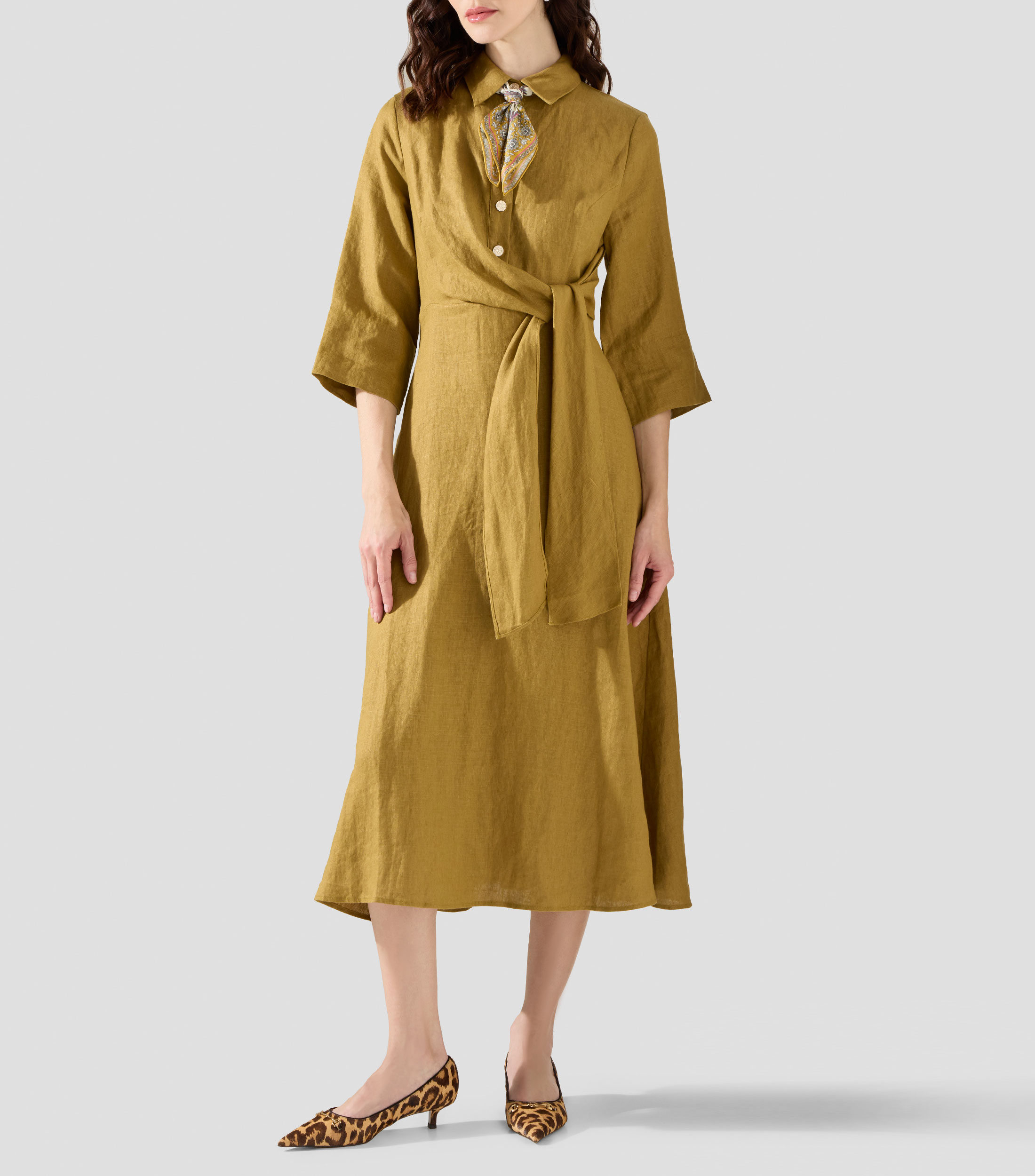 Vestido camisero largo con manga 3/4 liso Mujer