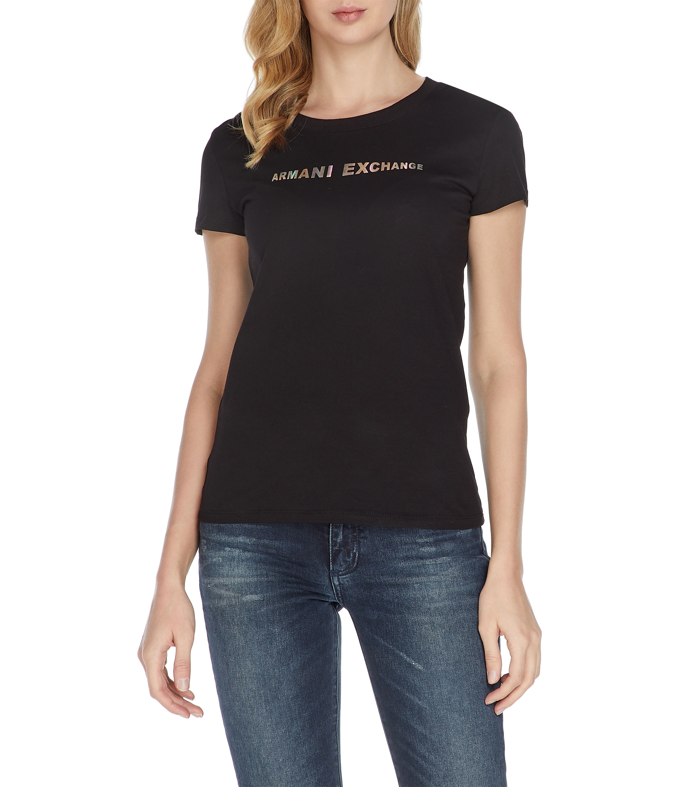 Armani Exchange: Playera negra cuello redondo manga corta