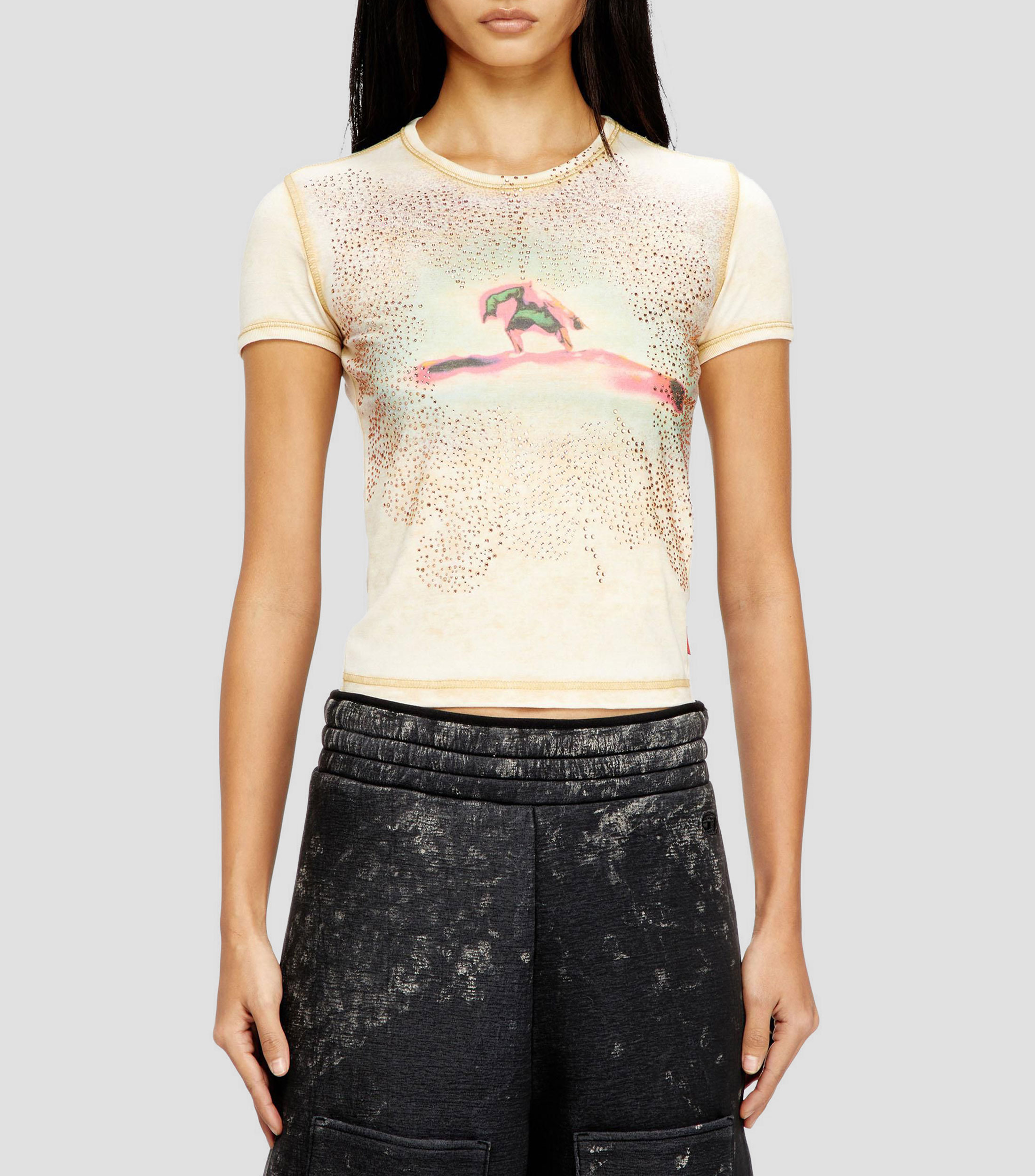 Playera cuello redondo manga corta con estampado Mujer