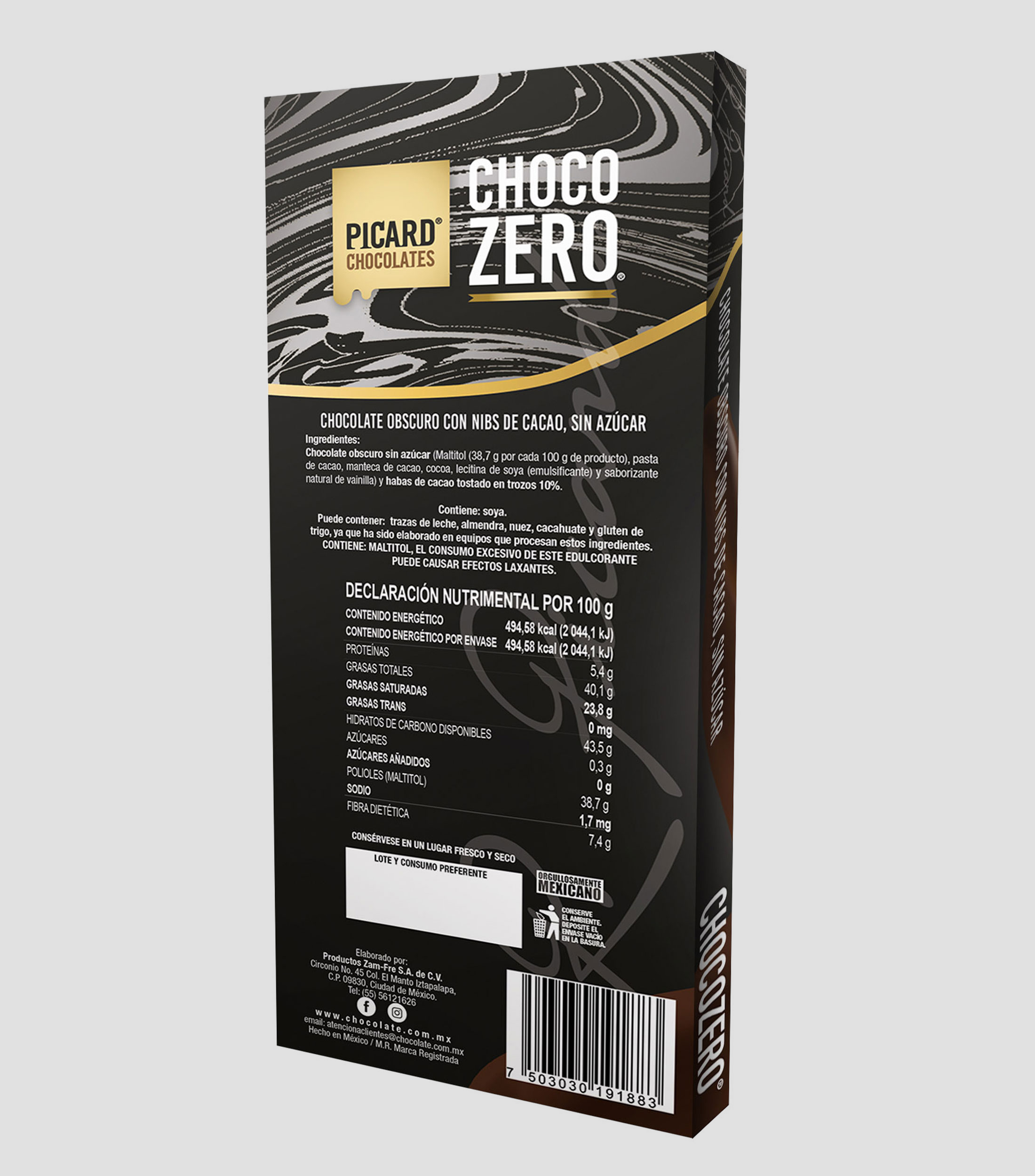 Barra de Chocolate Obscuro con nibs de cacao sin azúcar, 100 gr