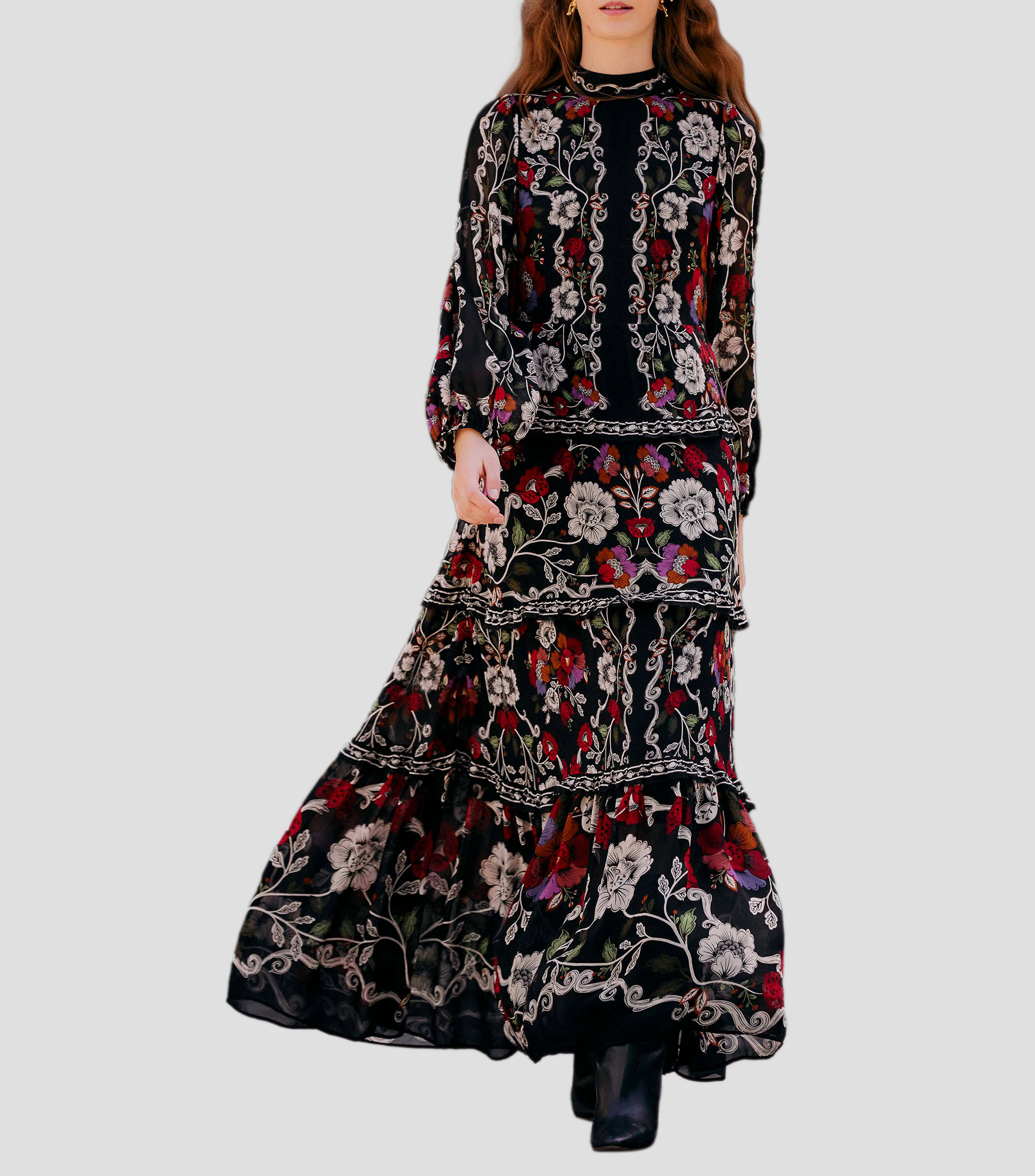 Vestido maxi con manga larga estampado Mujer