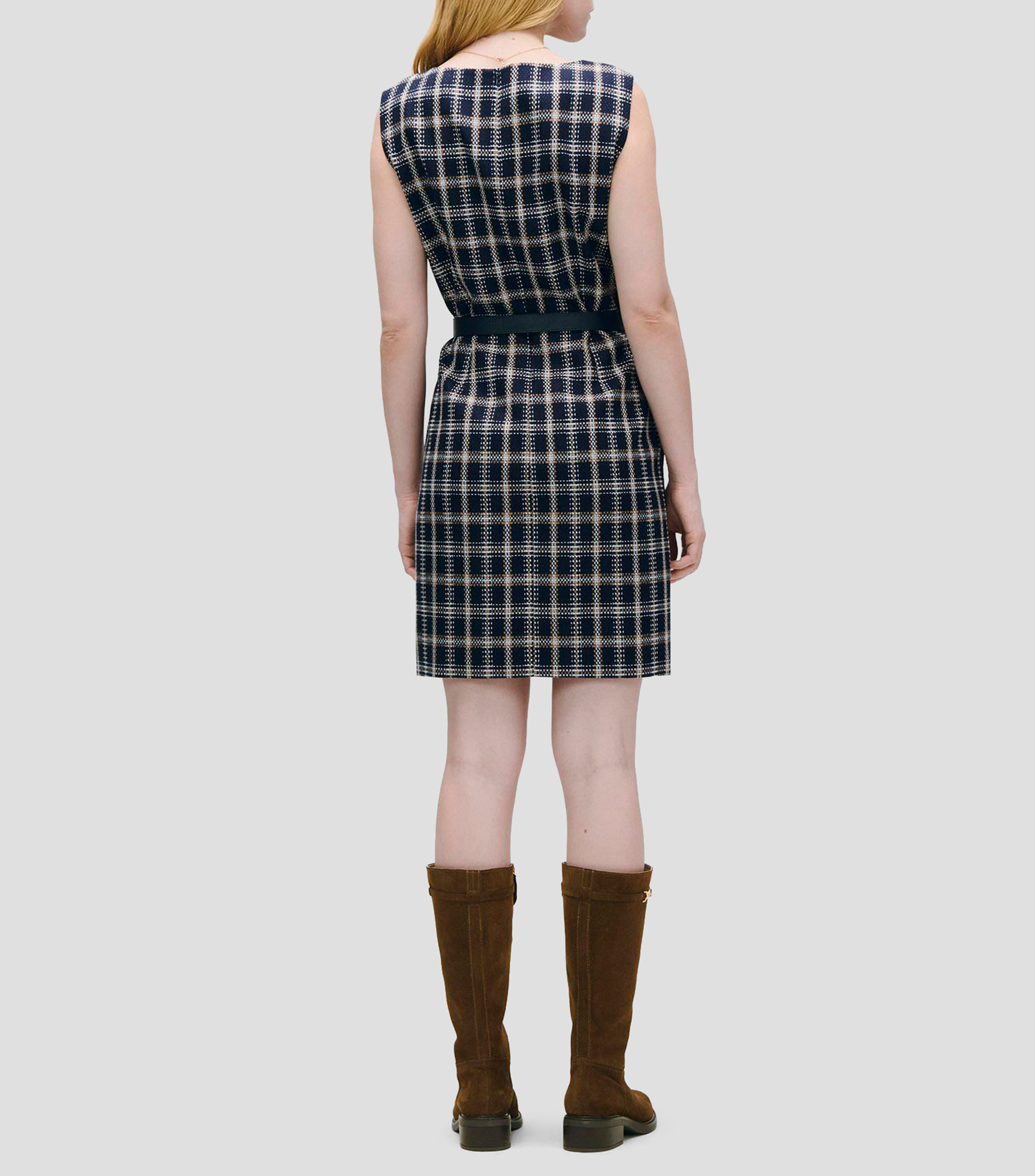 Vestido silueta h bouclé a cuadros escote redondo con cinturón Mujer