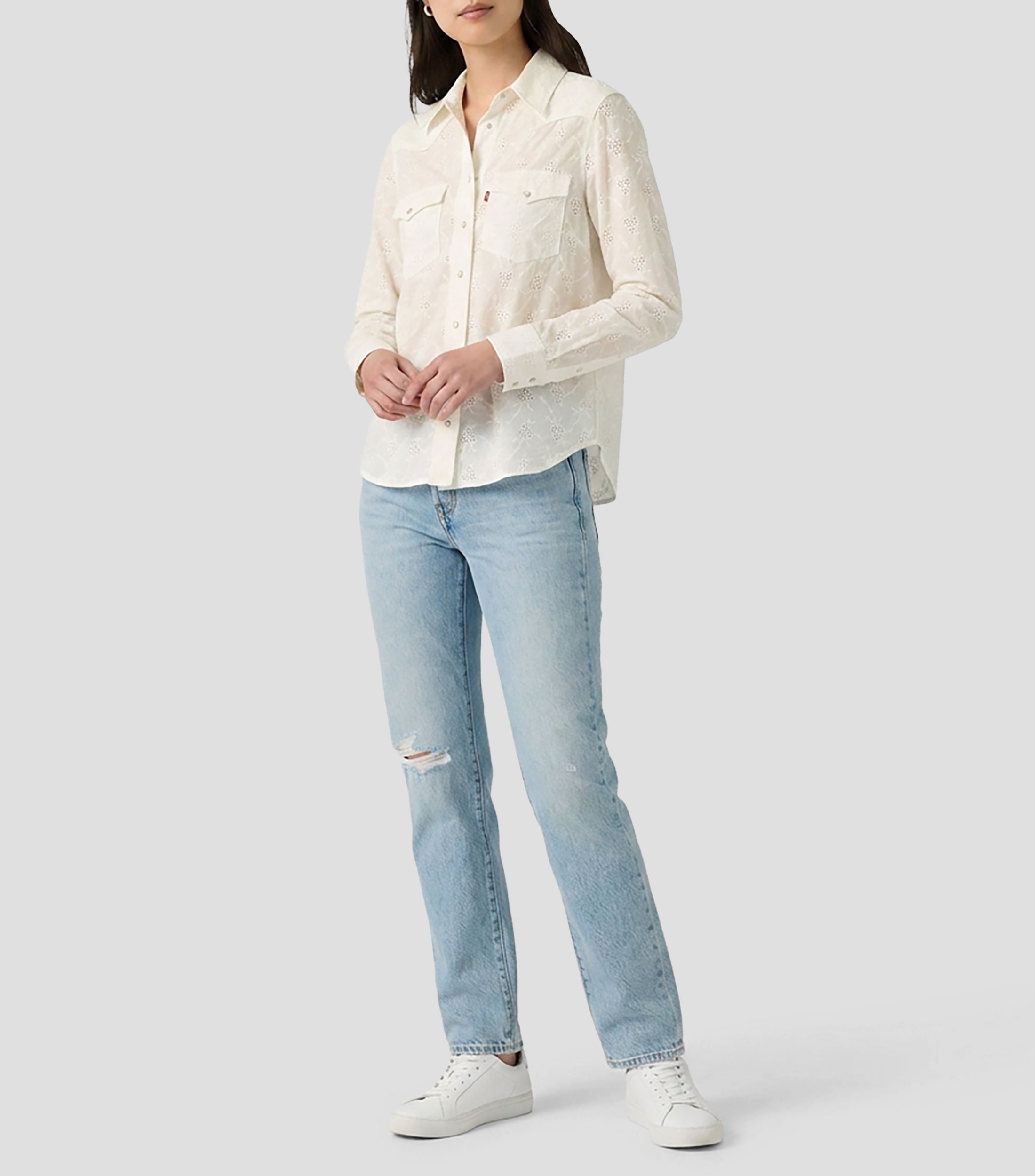 Camisa bordado sólido manga larga Mujer