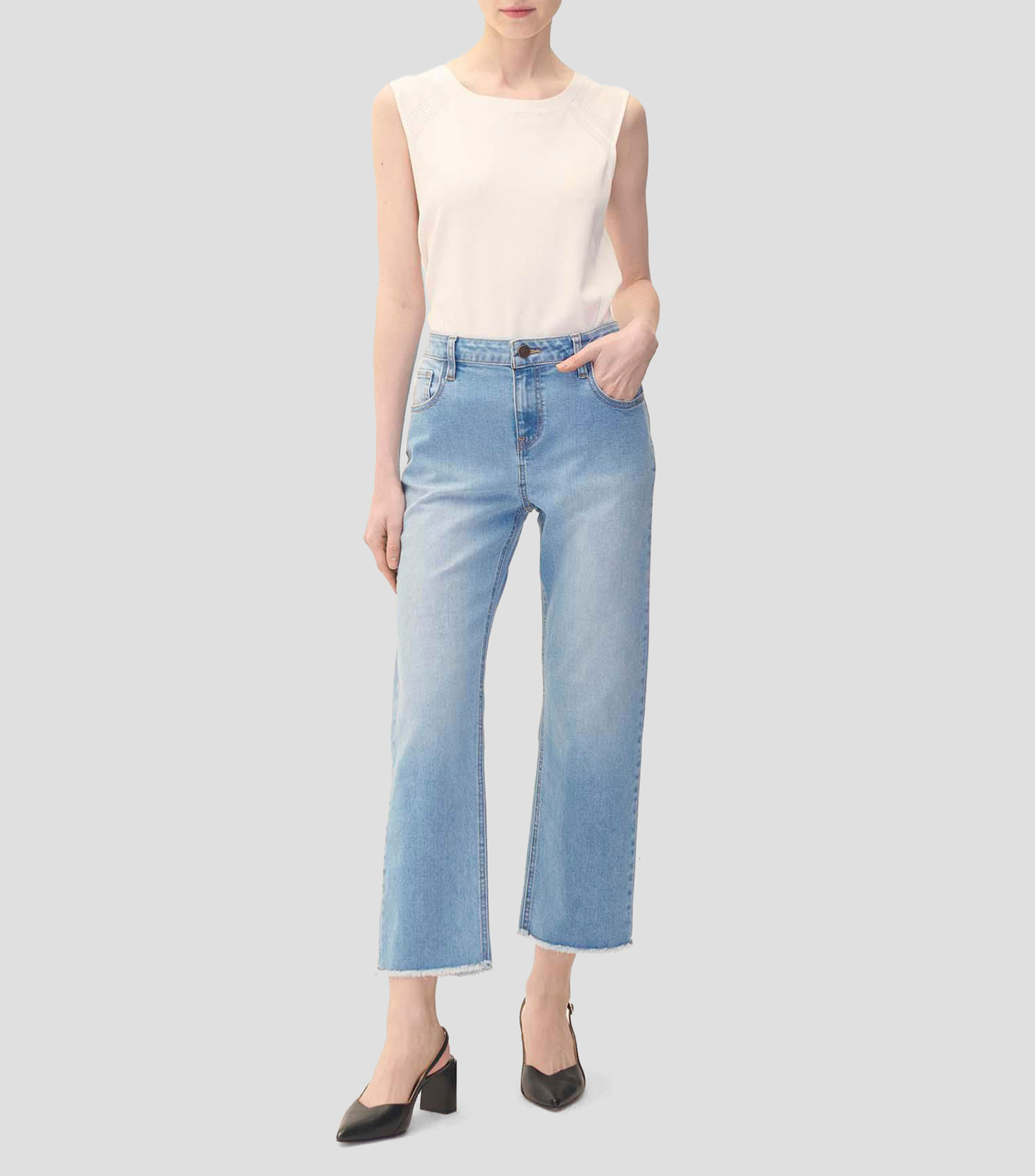 Jeans Rectos Tiro Medio Azul Claro Deshilado Mujer