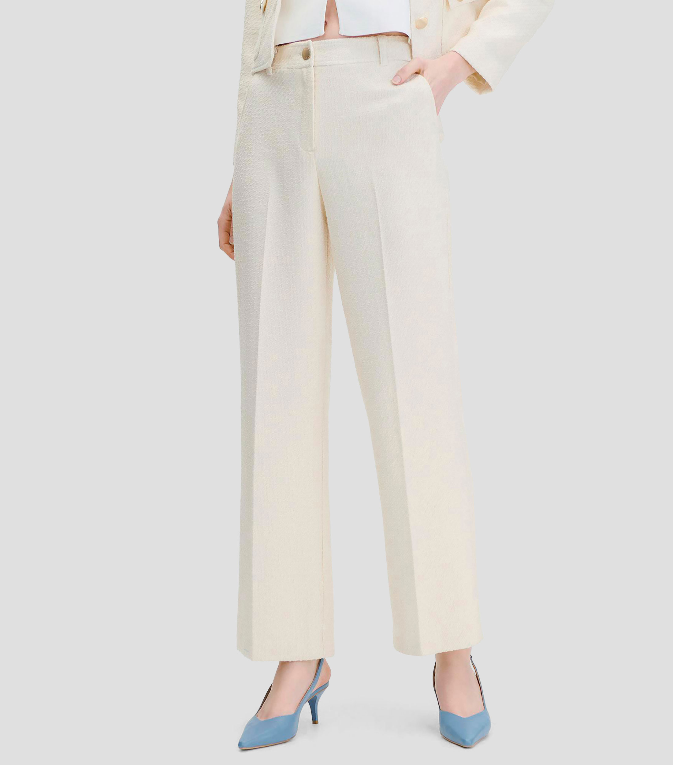Pantalón de Tweed con Relieve Recto Fluido Tiro Alto Natural Mujer
