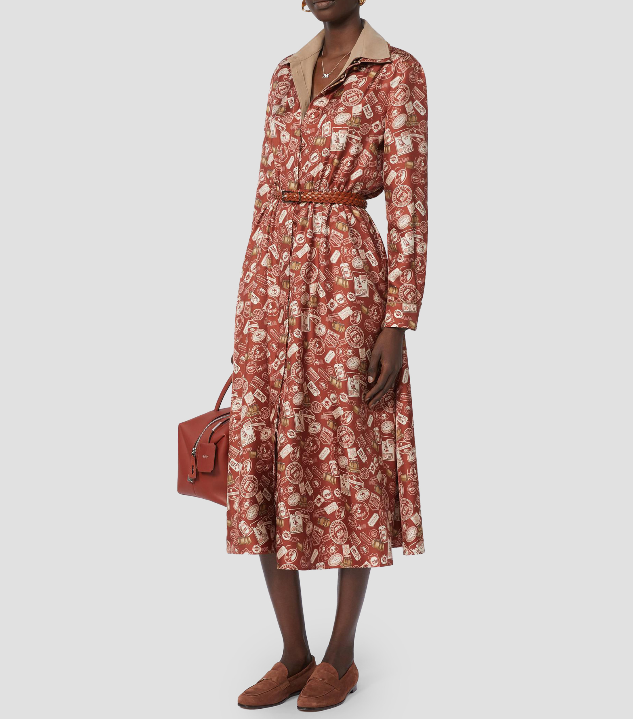 Vestido midi manga larga con estampado Mujer