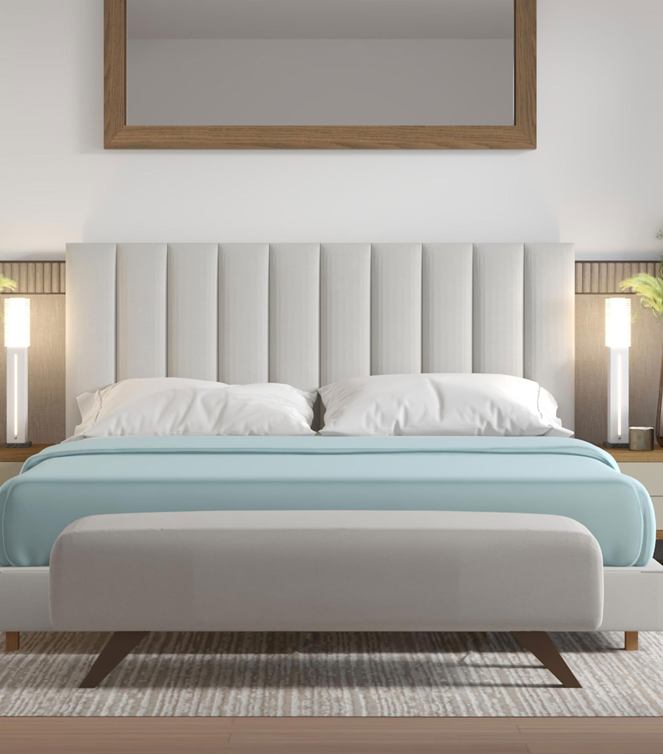 Cama King Size Alta Gamuzzeta Perla Vertical en tela