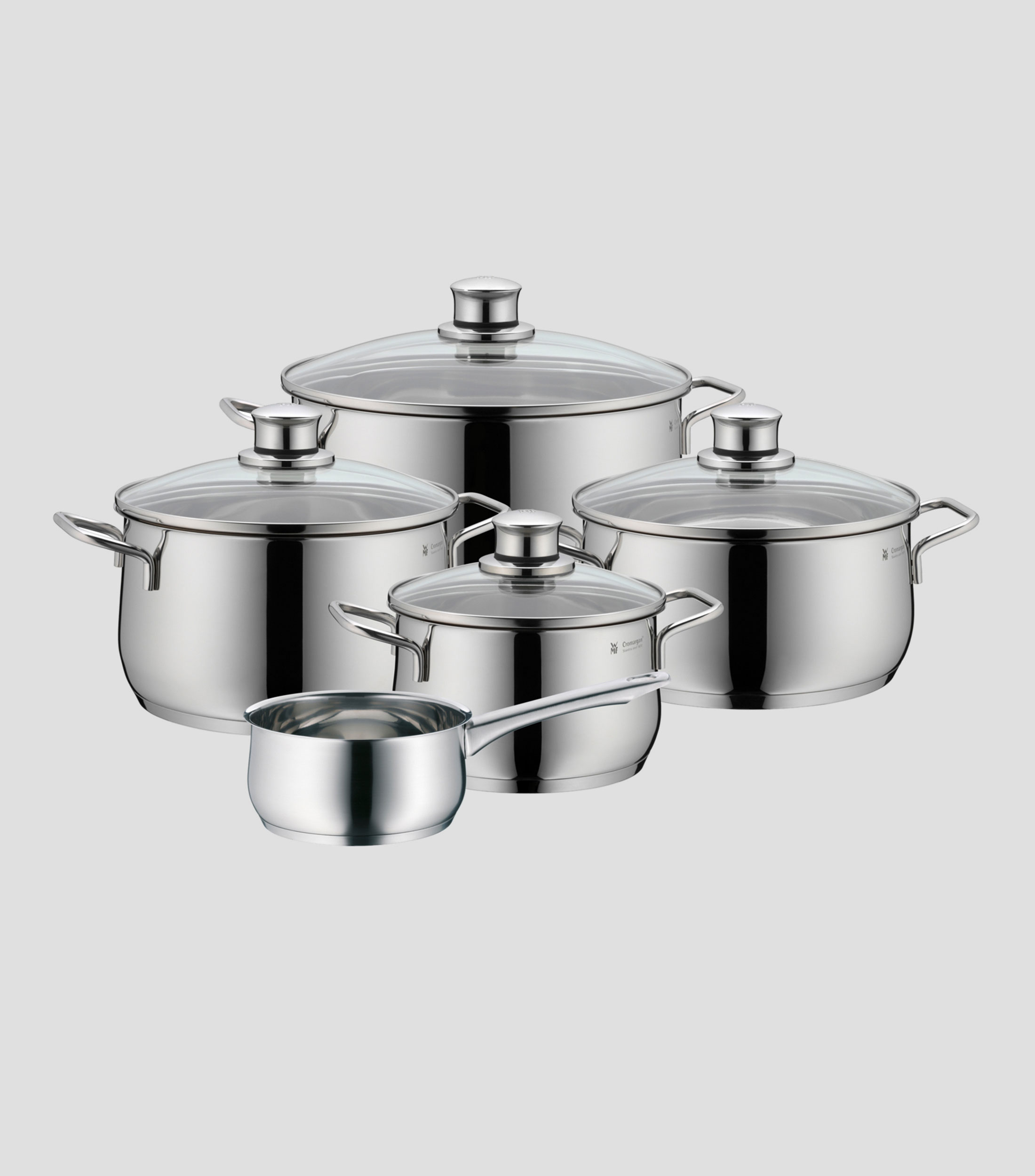 Batería Diadem Plus 5 ollas más tapas de vidrio, acero inoxidable