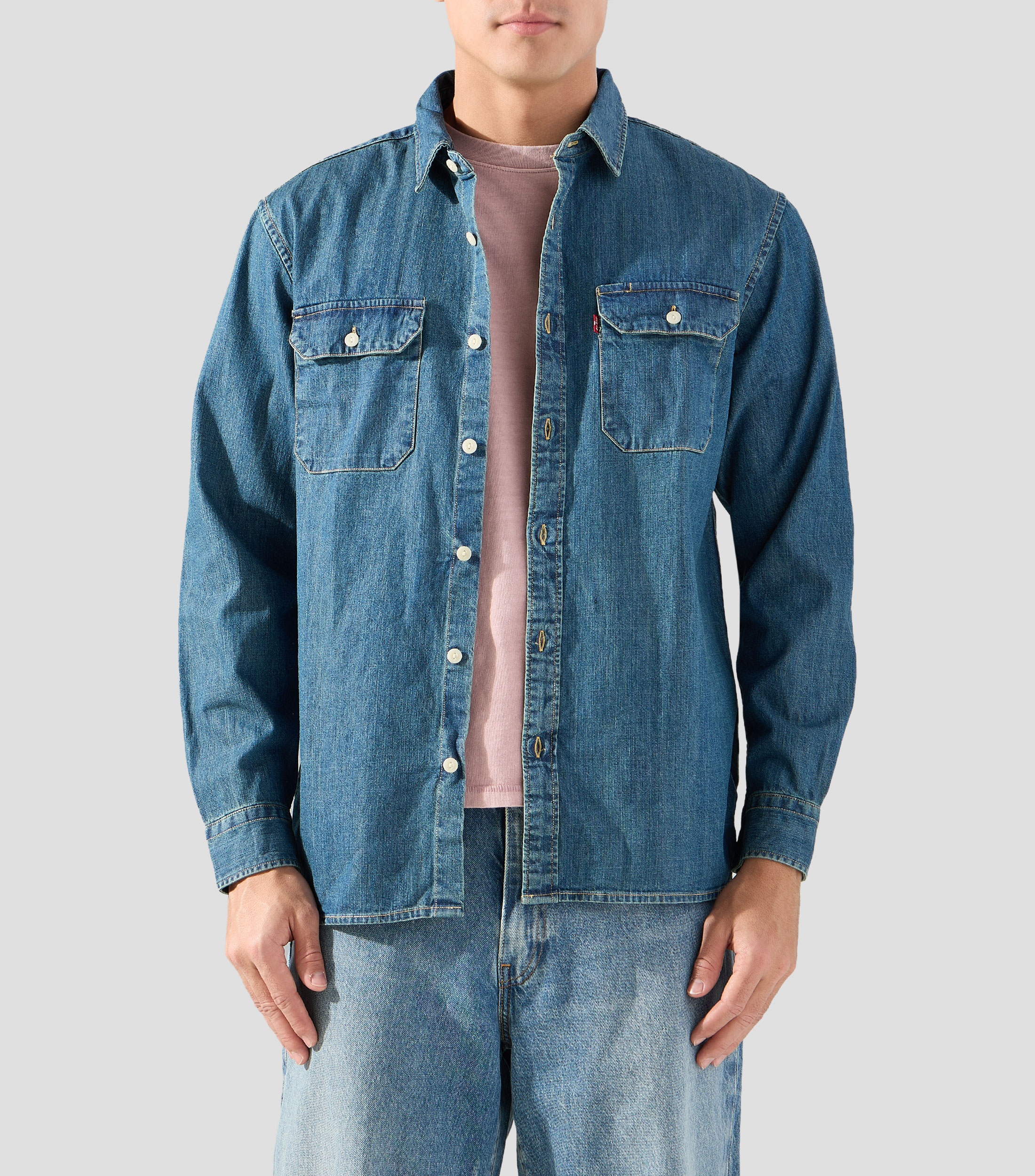 Camisa de mezclilla lisa manga larga Hombre