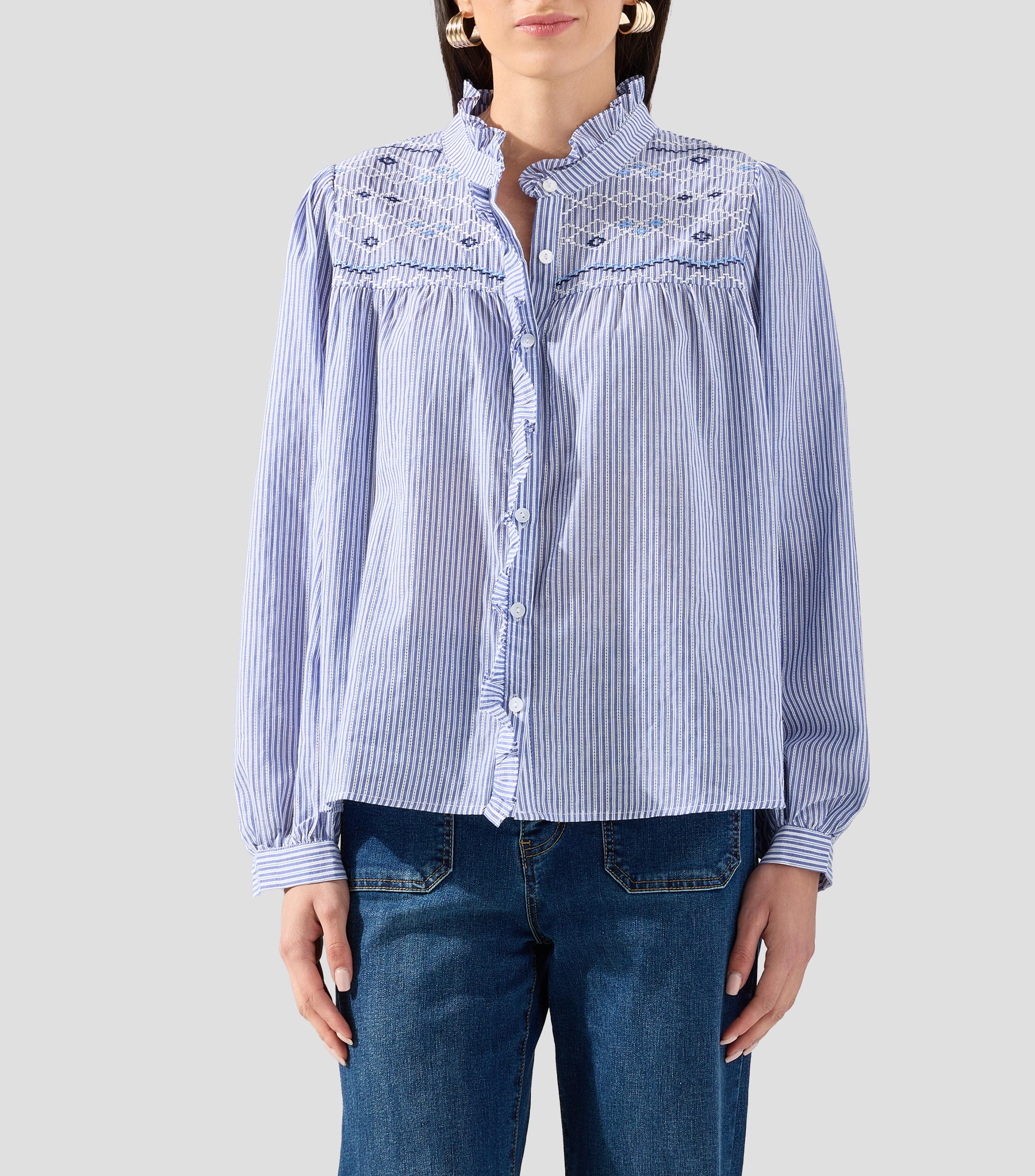 Camisa rayas cuello mao manga larga Mujer