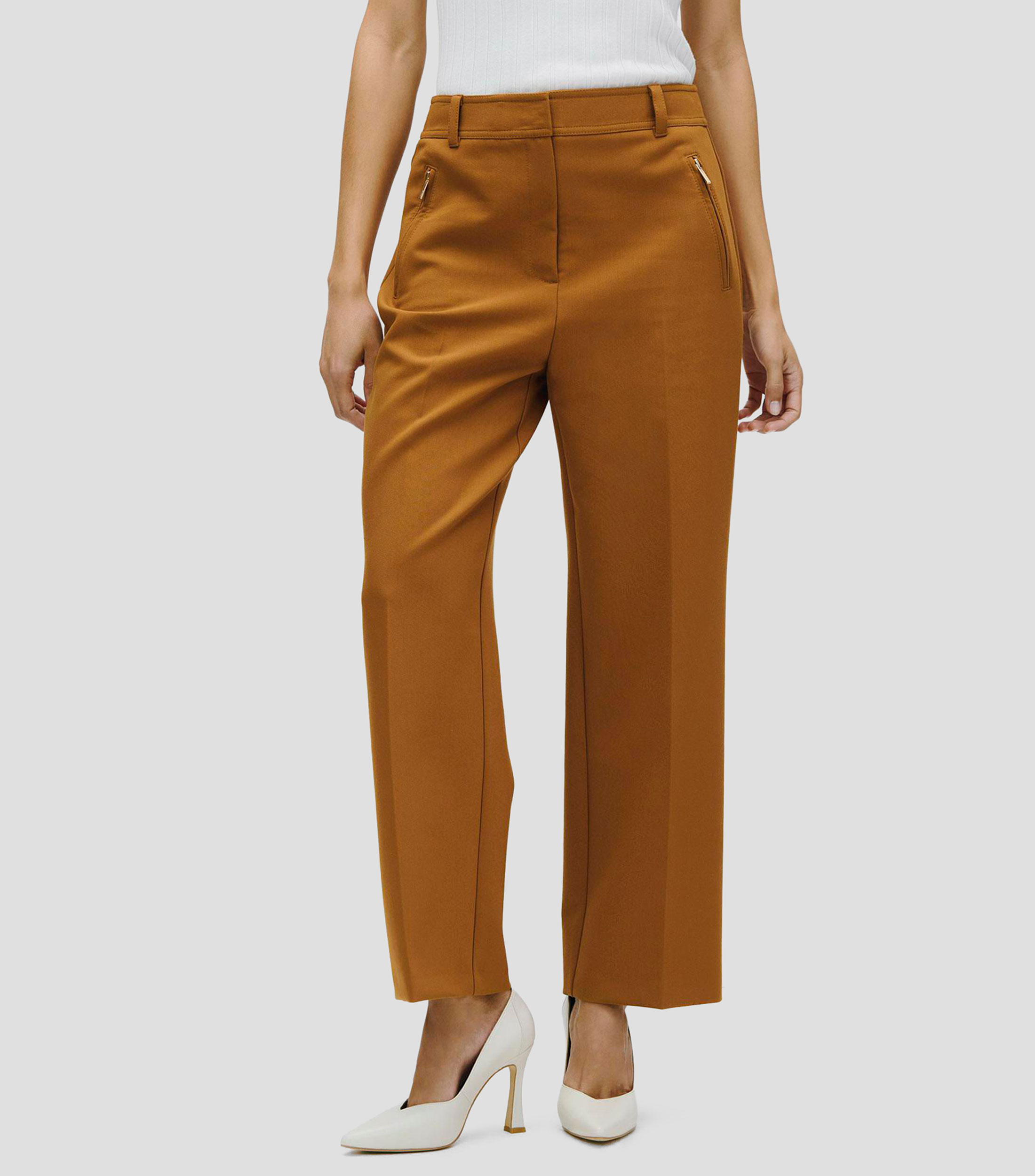 Pantalón recto tiro alto cognac bolsillo de cierre Mujer