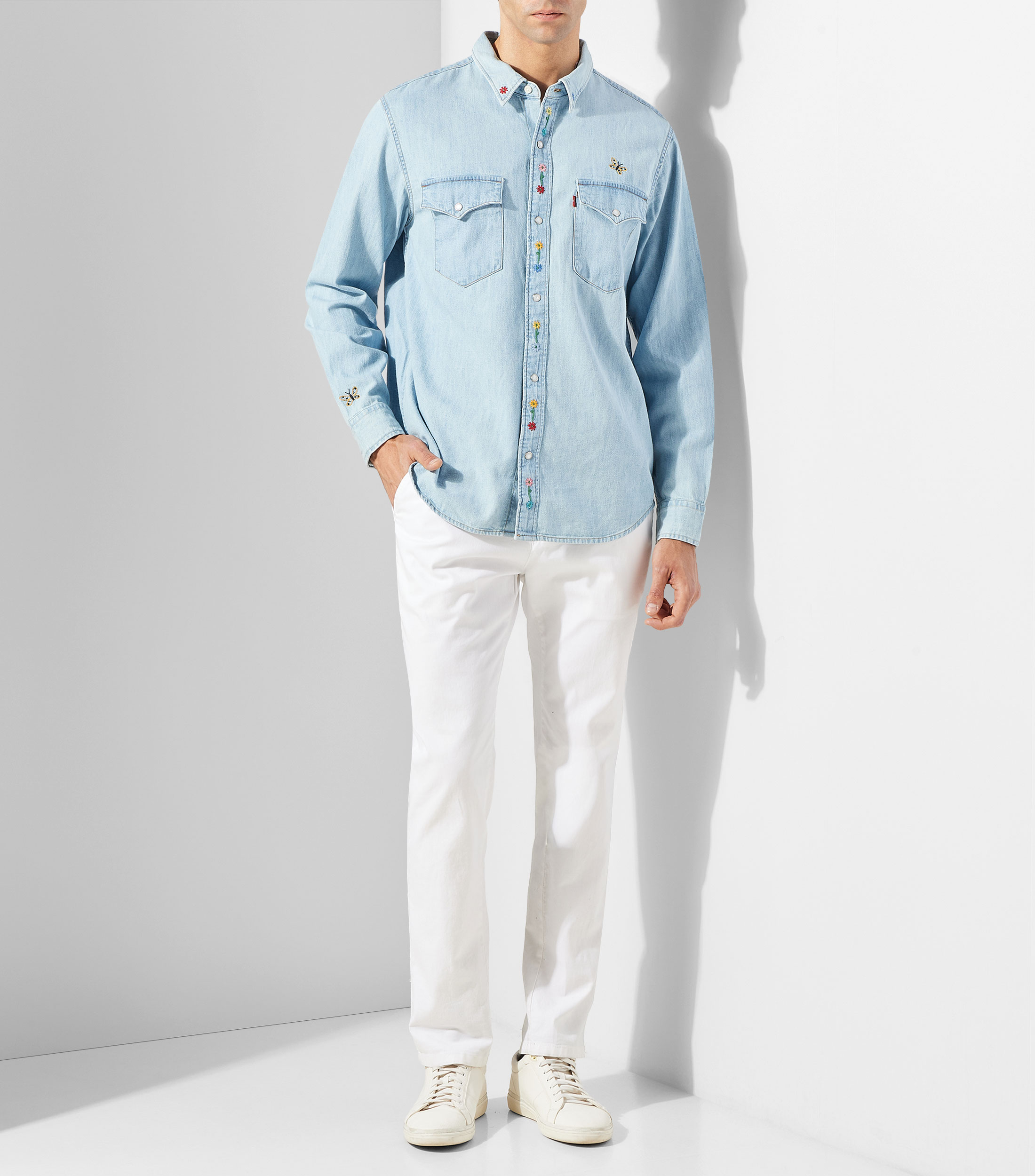 Camisa de mezclilla sólida manga larga Hombre