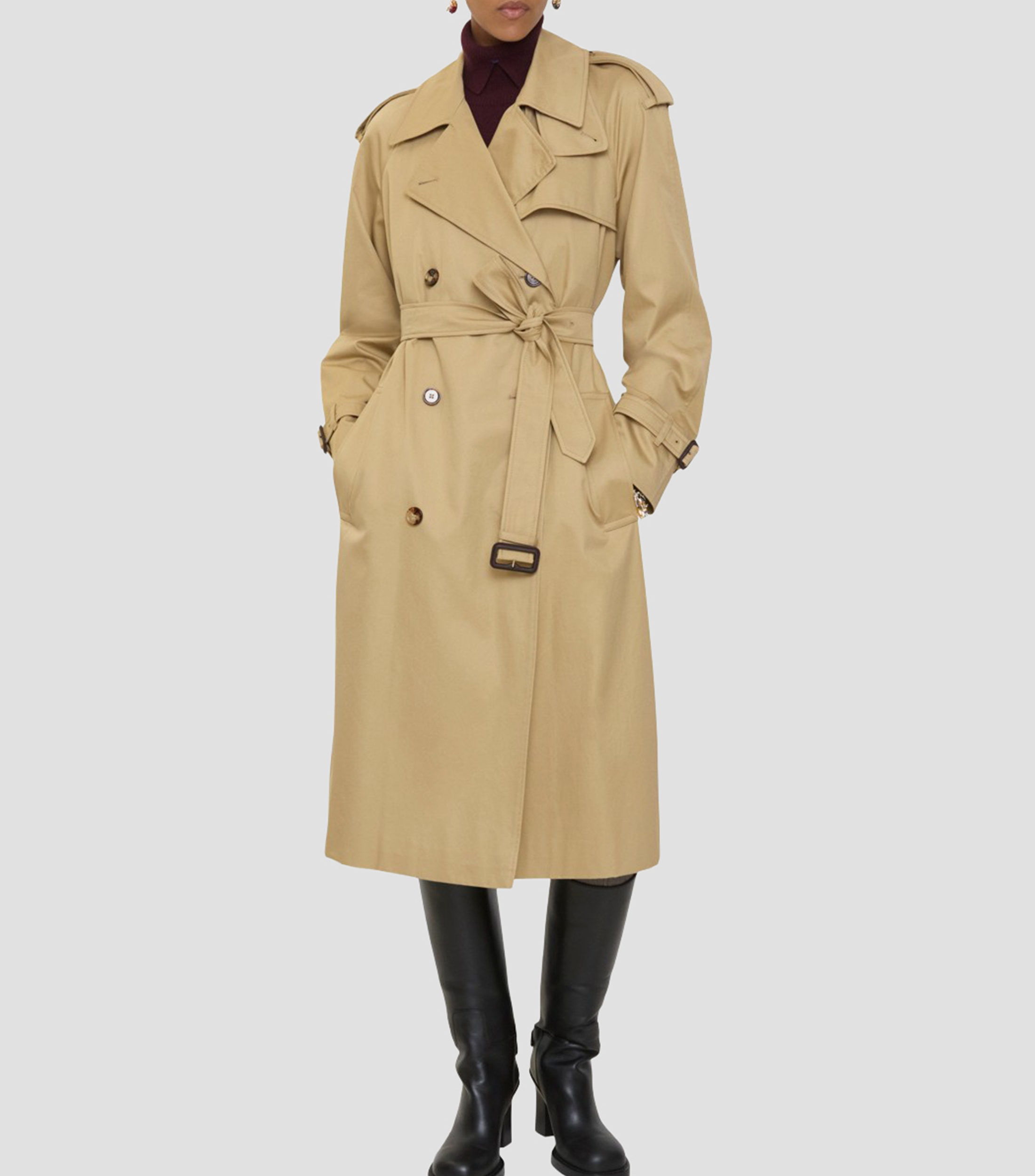 Gabardina larga estilo trench coat con botones y cinta Mujer