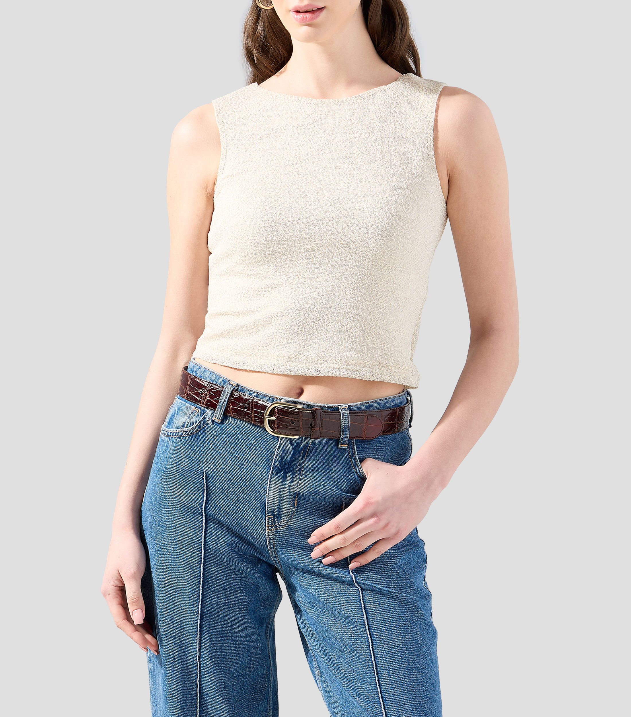 Playera cuello redondo sin mangas lisa Mujer