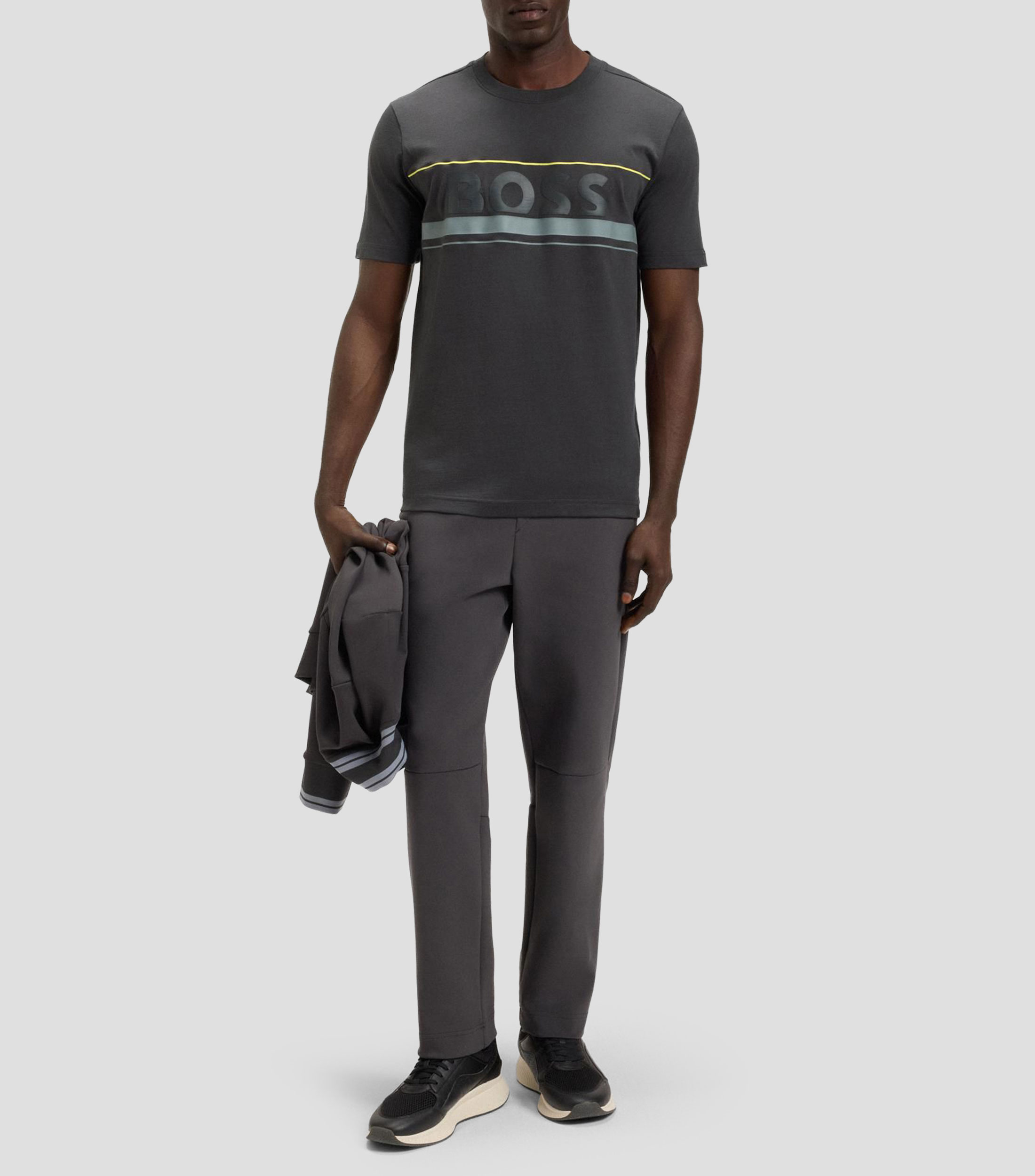 Playera en punto de algodón con rayas y logo Hombre