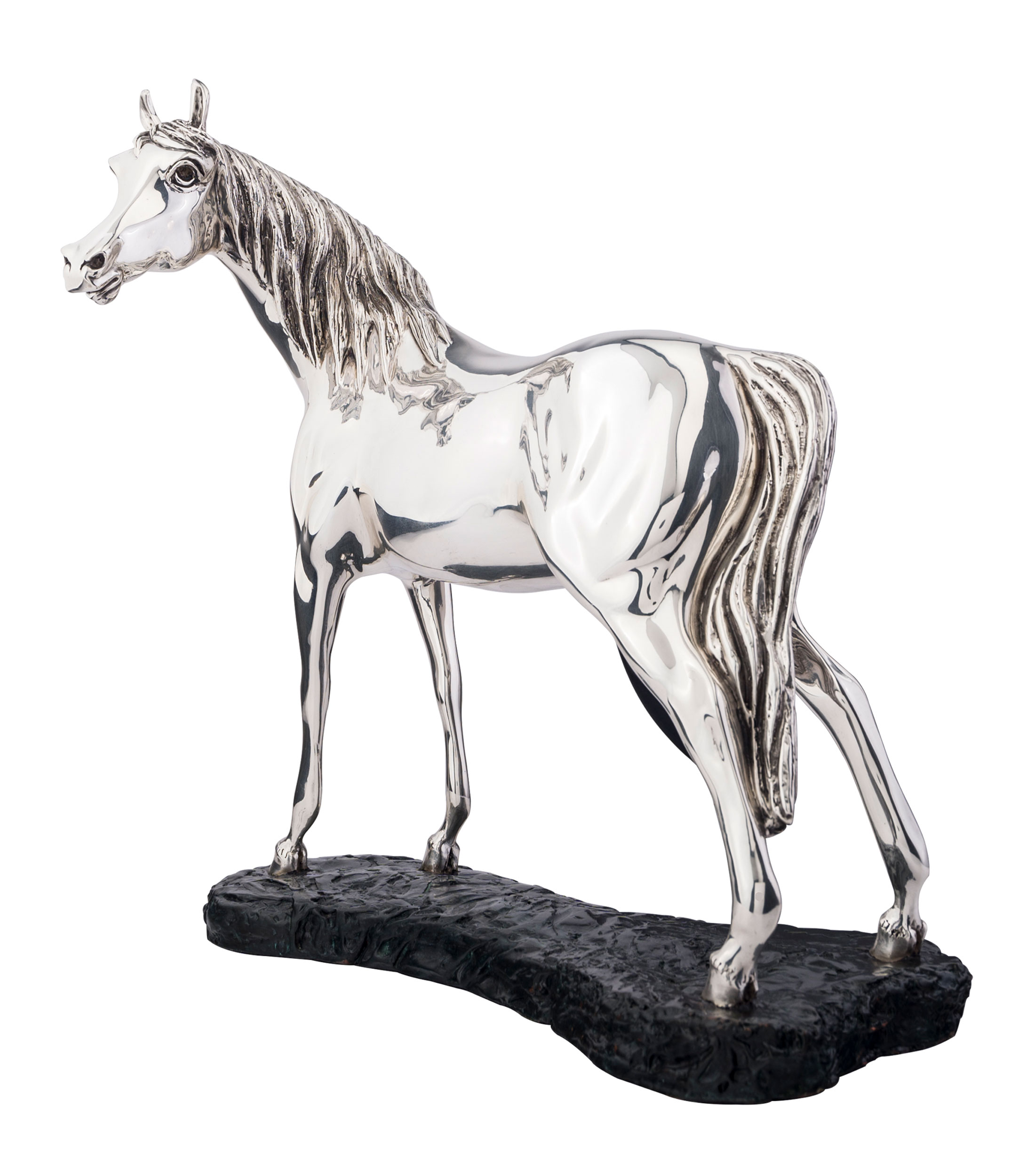 Escultura de Caballo Arabe en Cobre con Bano de Plata