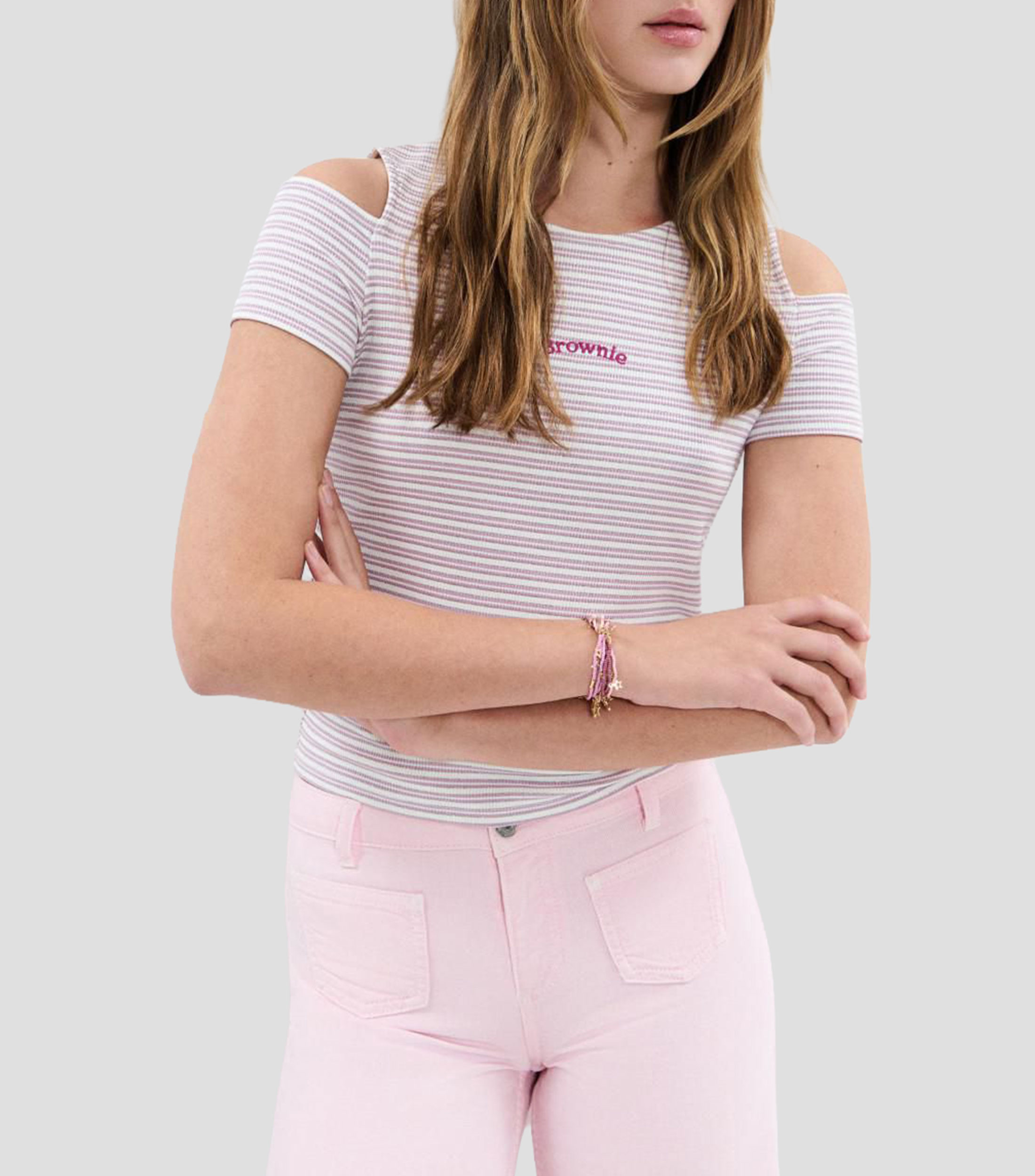 Playera cuello redondo manga corta con rayas Mujer