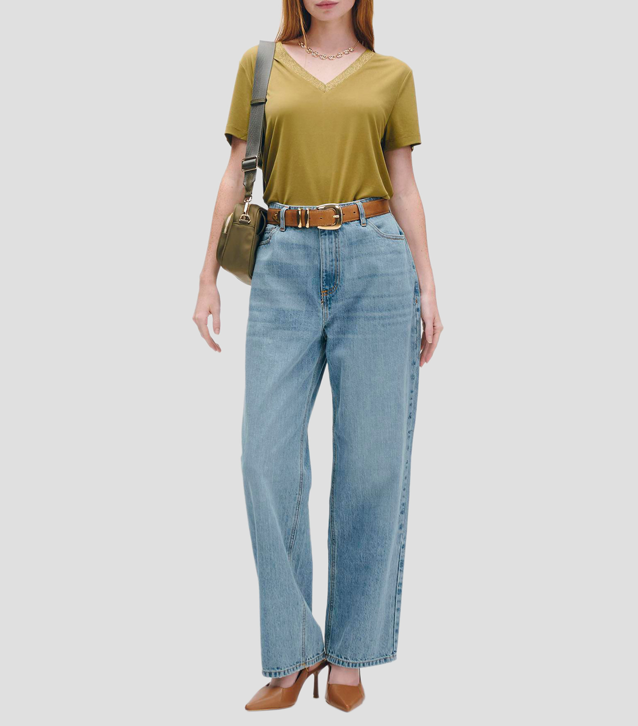 Blusa de punto tipo camiseta escote con lúrex Mujer