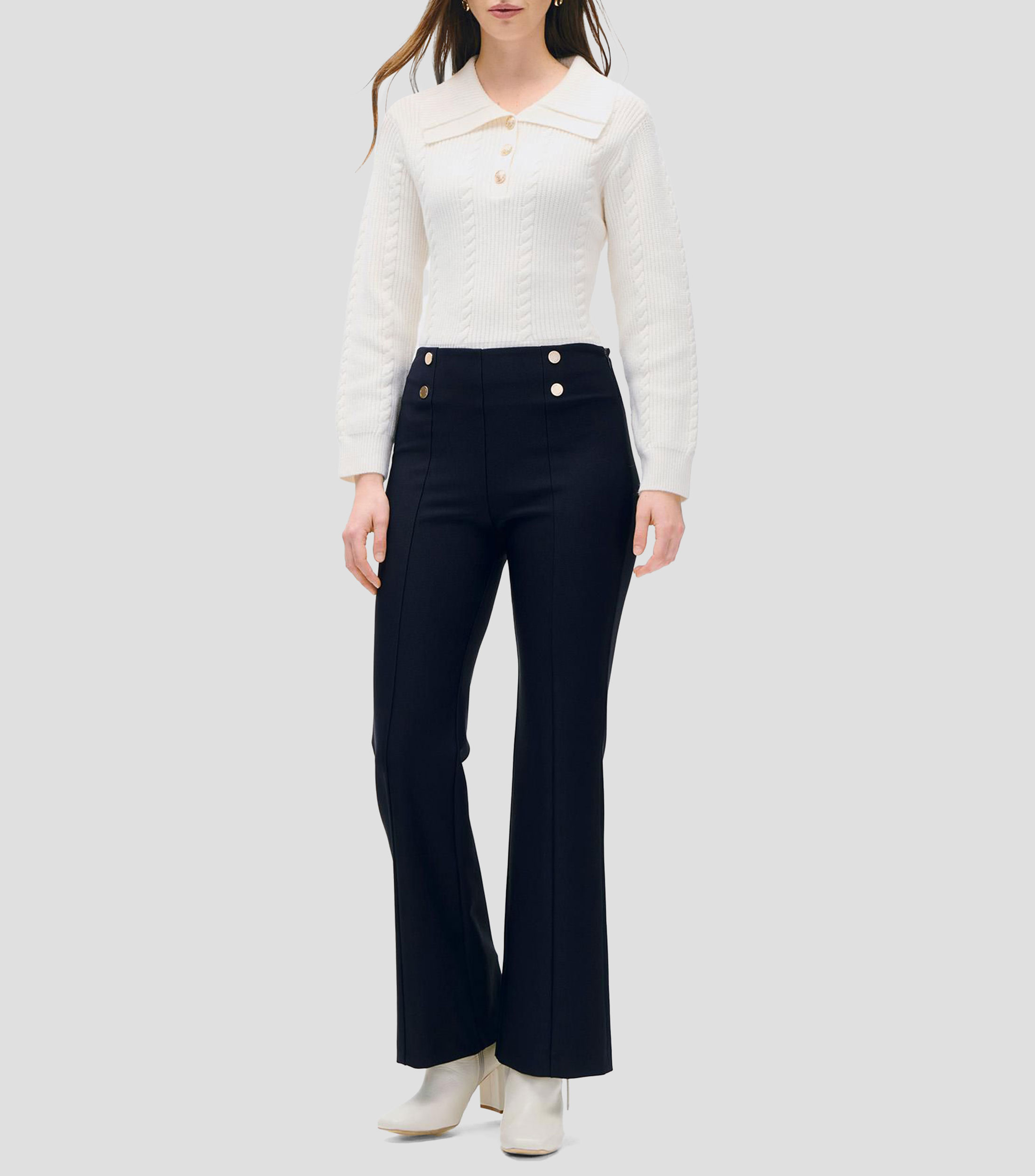 Suéter blanco tejido combinado cuello camisero Mujer