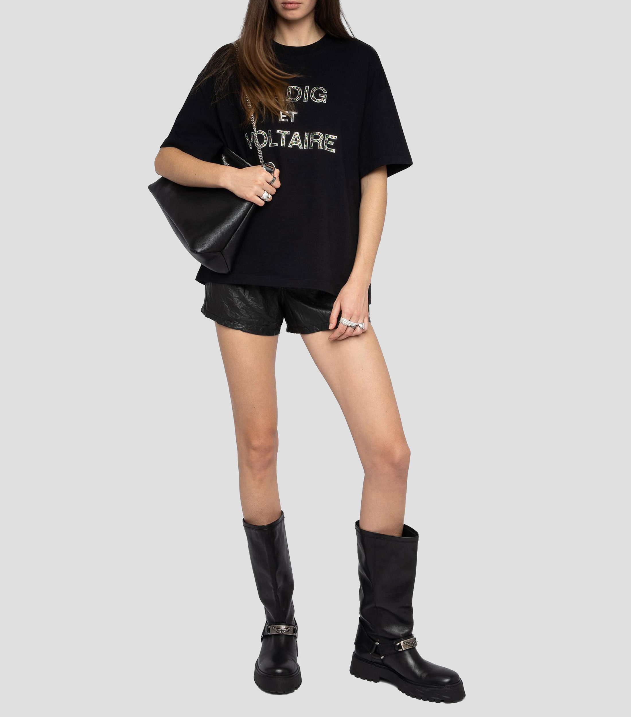 Playera de cuello redondo con manga corta y pedrería Mujer