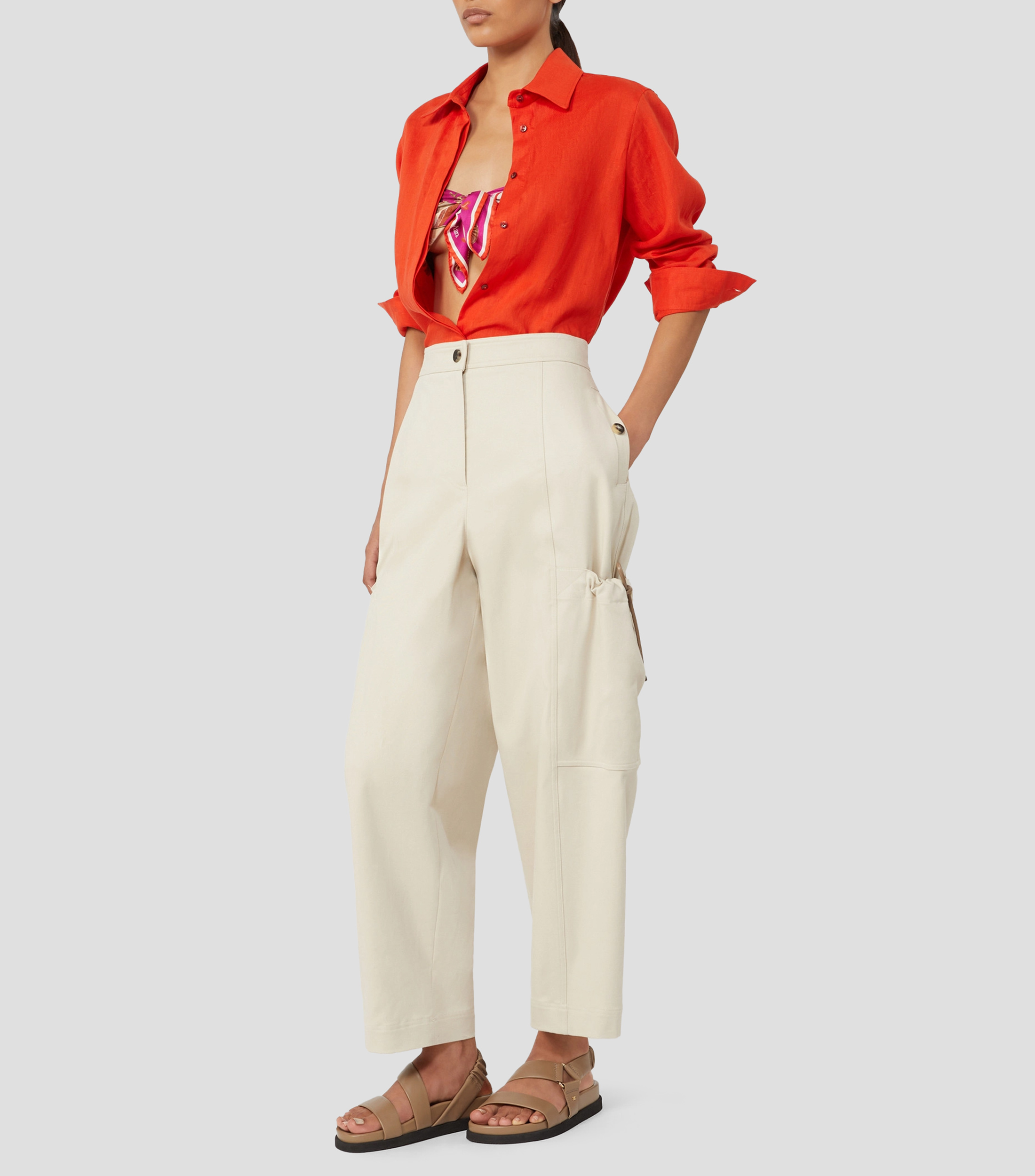 Camisa lisa en lino con manga larga Mujer