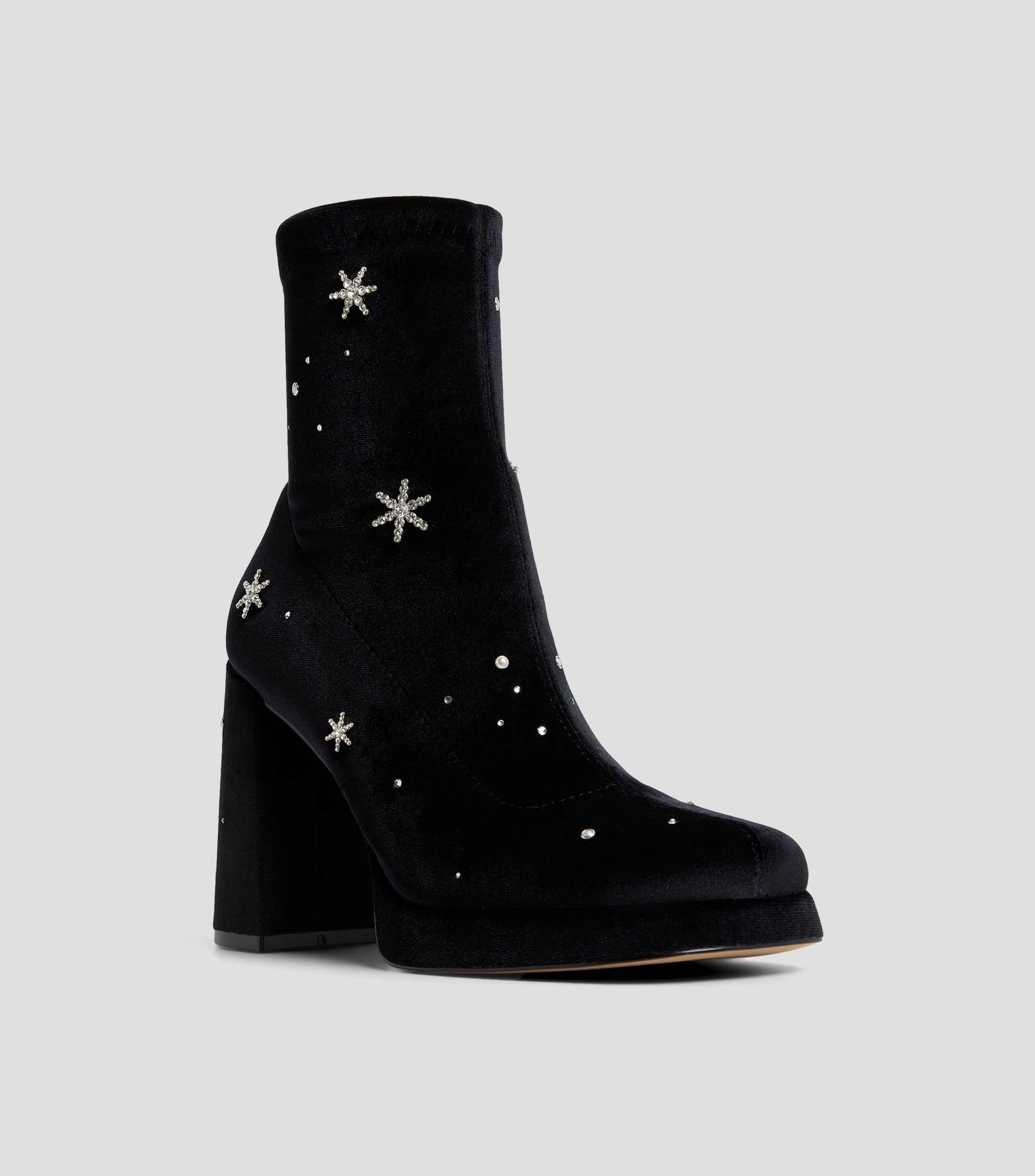 Botines casuales con tacón alto ancho y pedrería Mujer