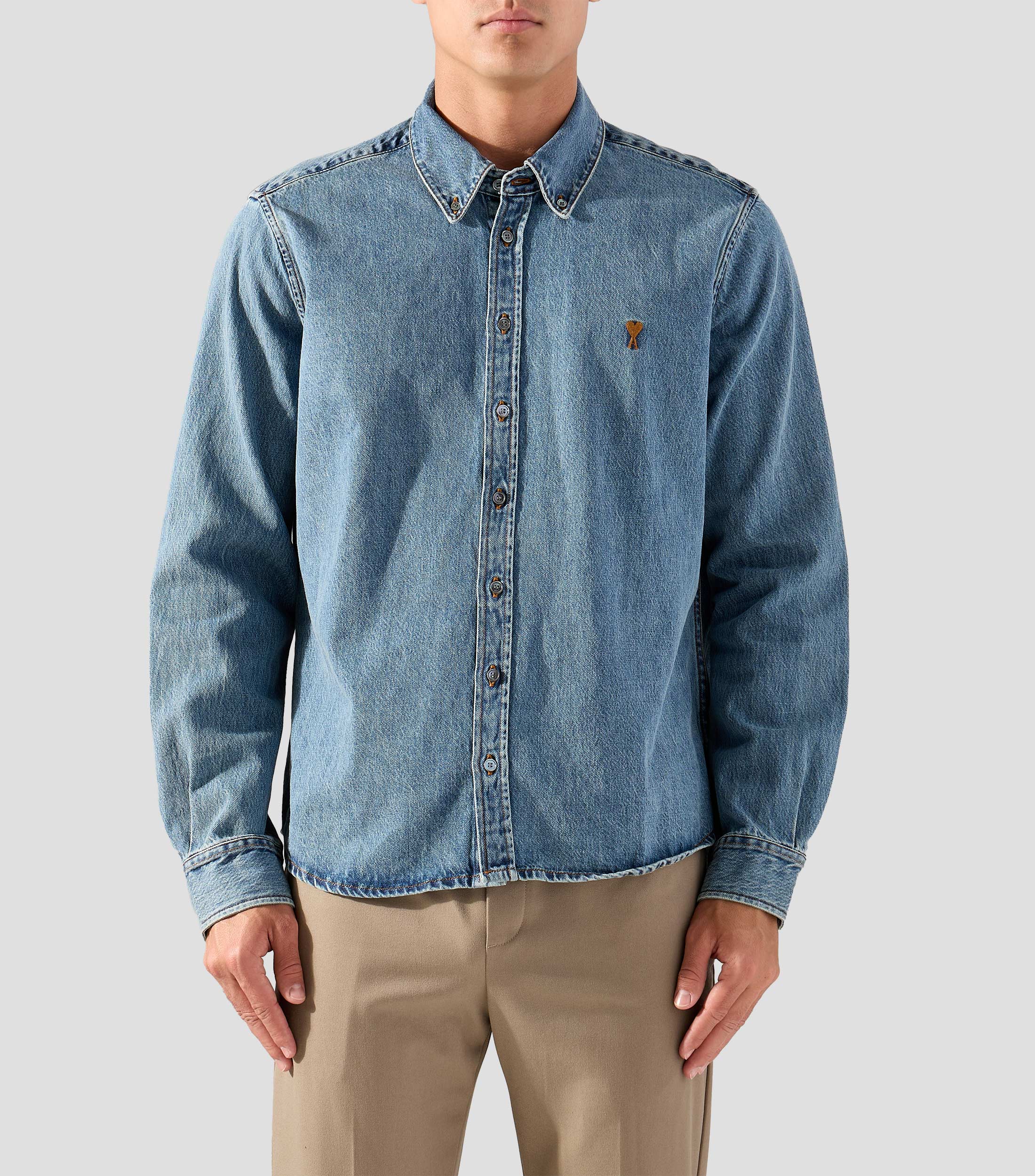 Camisa de mezclilla lisa con manga larga Hombre