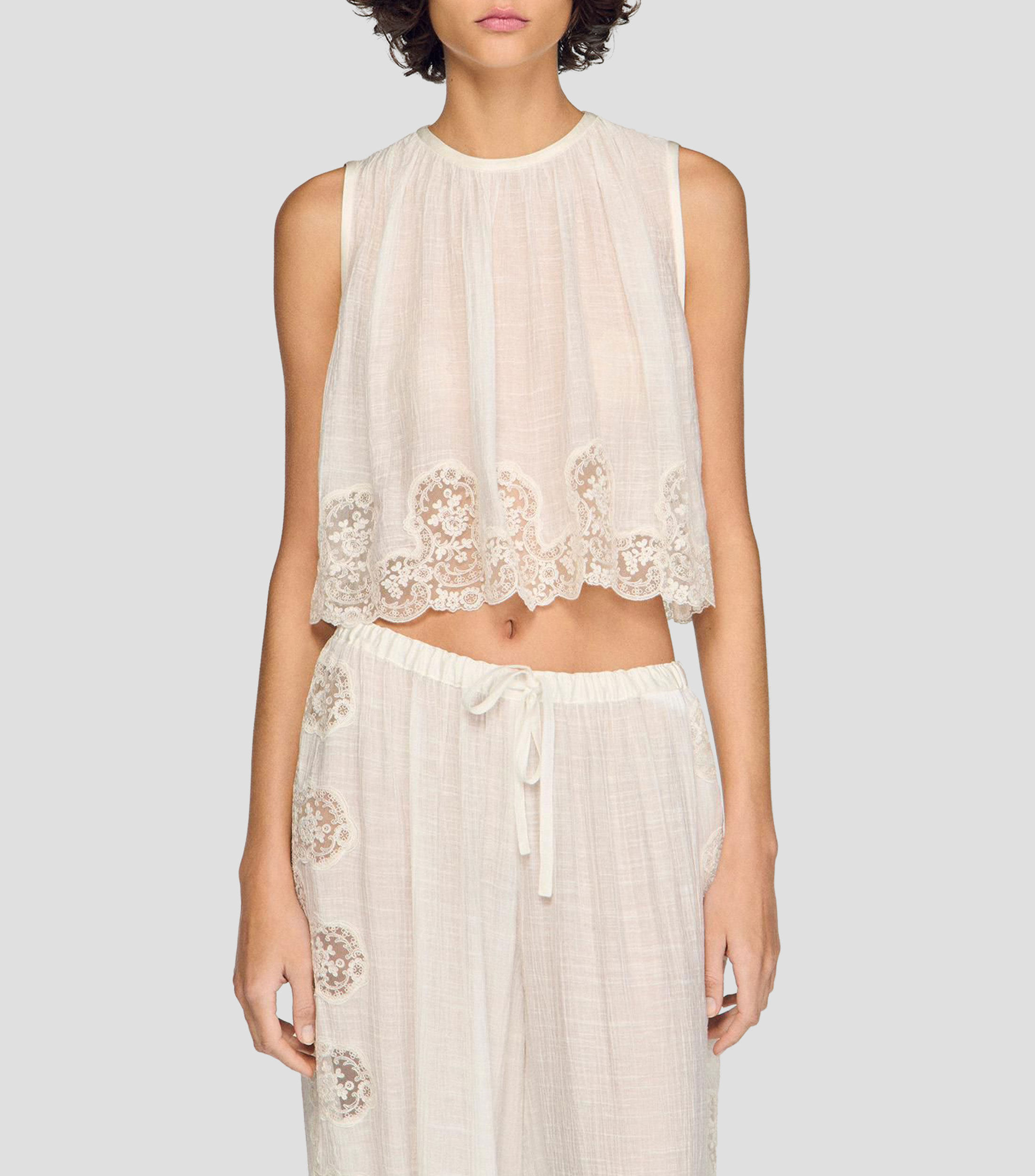 Blusa fantasía con encaje sin mangas Mujer