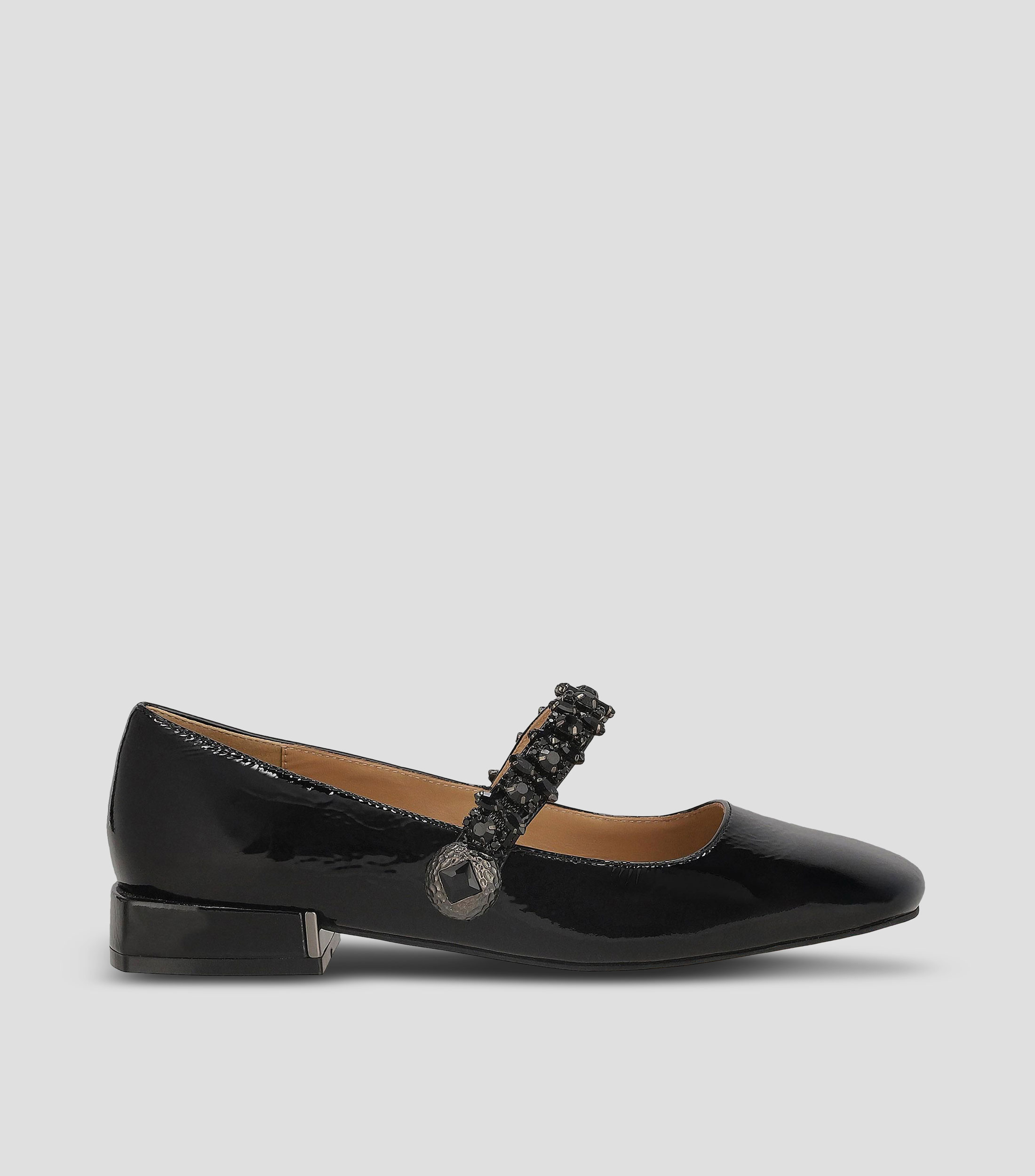 Flats de piel con tacón ancho y pedrería Mujer