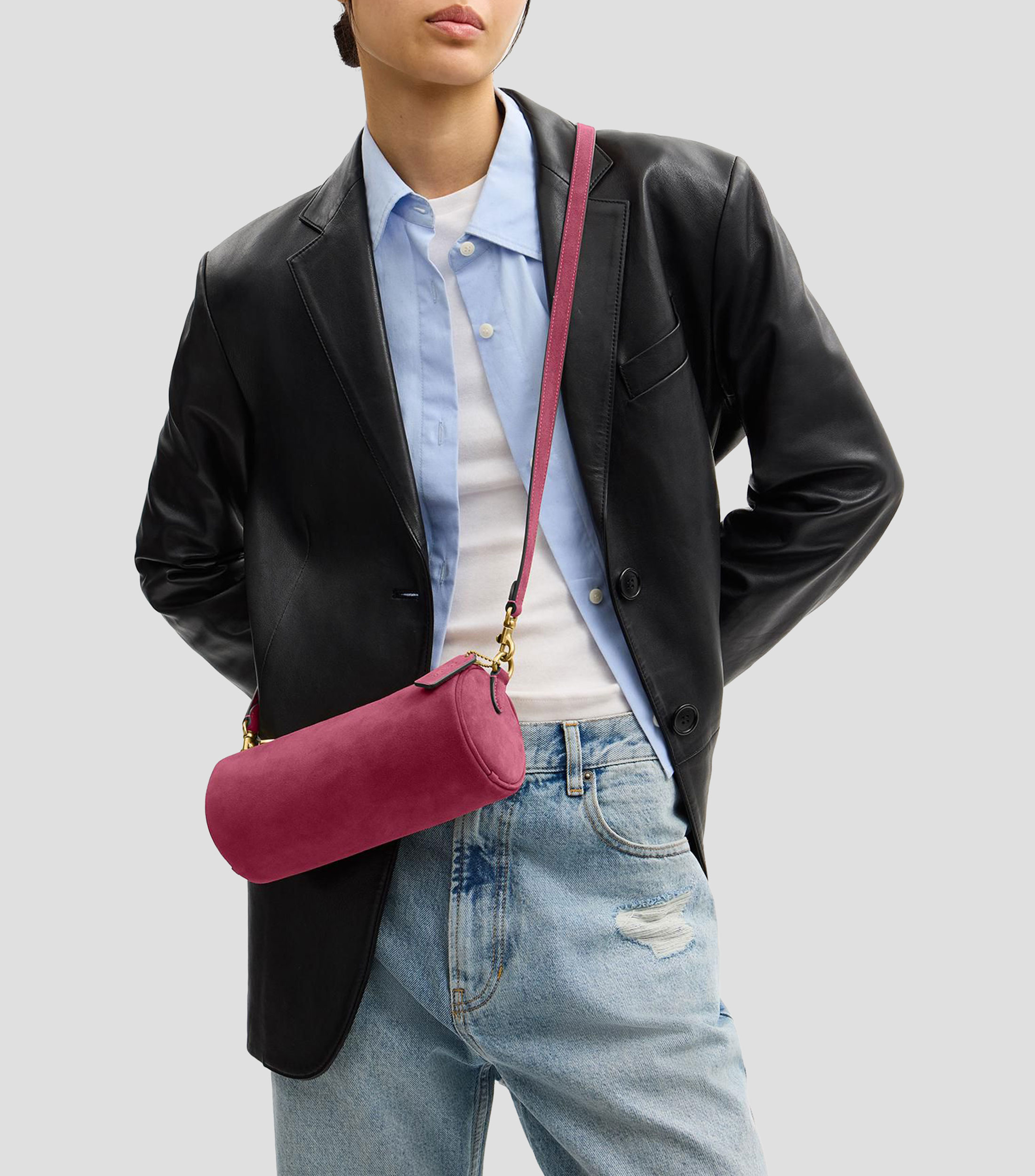 Bolsa shoulder fucsia en piel Barrel lisa Mujer
