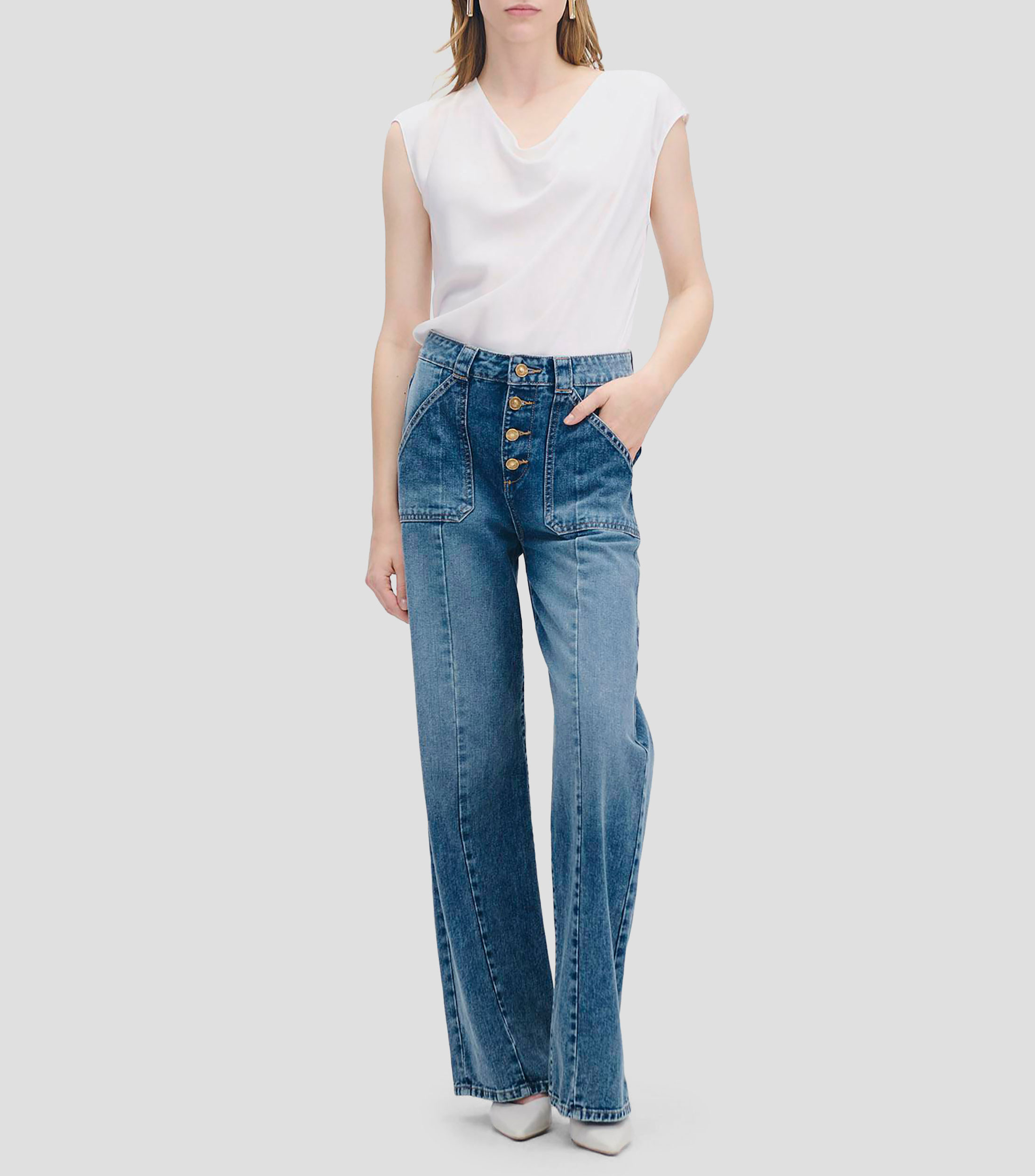 Blusa de Satín Escote Drapeado Blanca Mujer