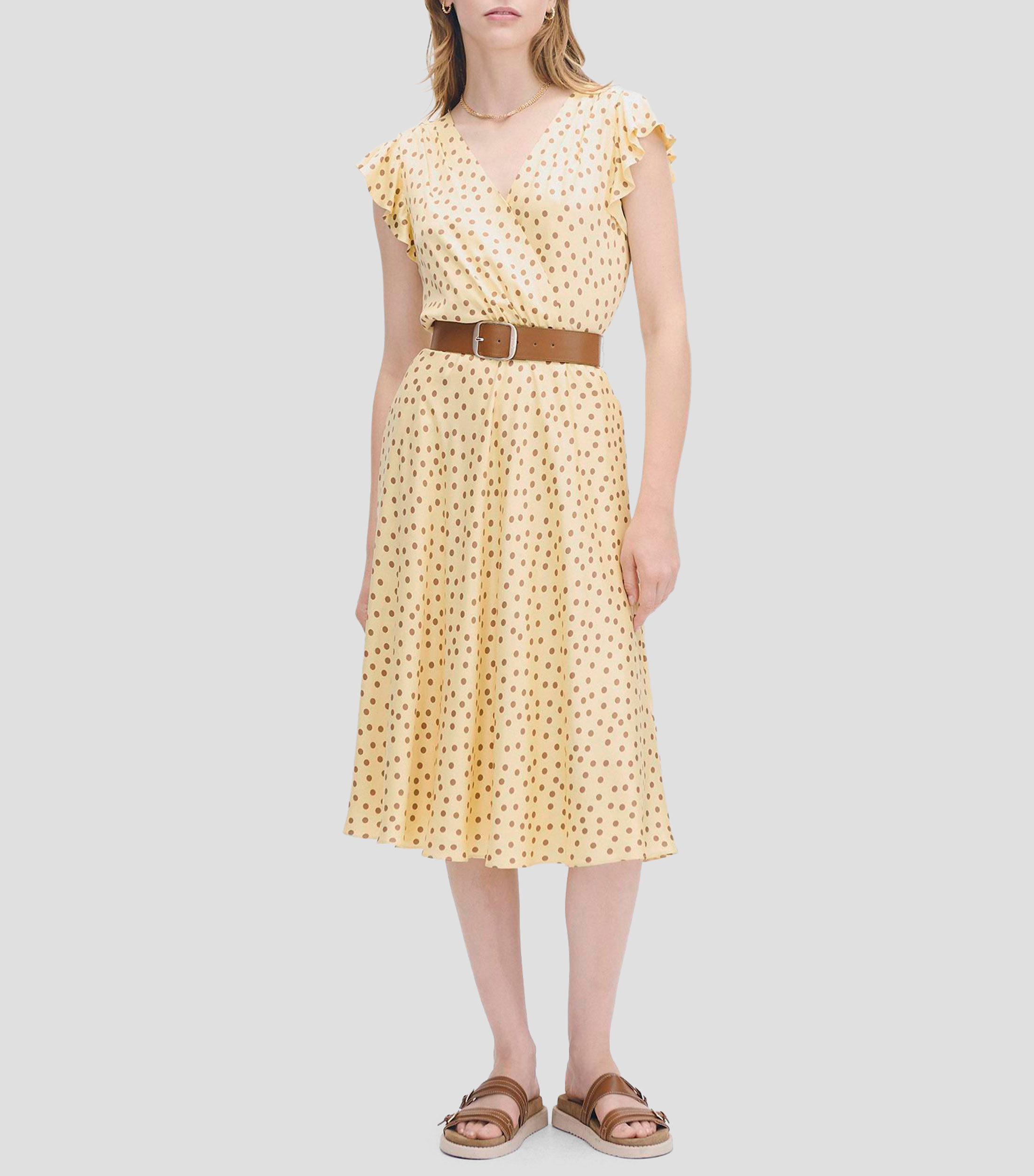Vestido de satín fit and flare lunares con cinturón Mujer