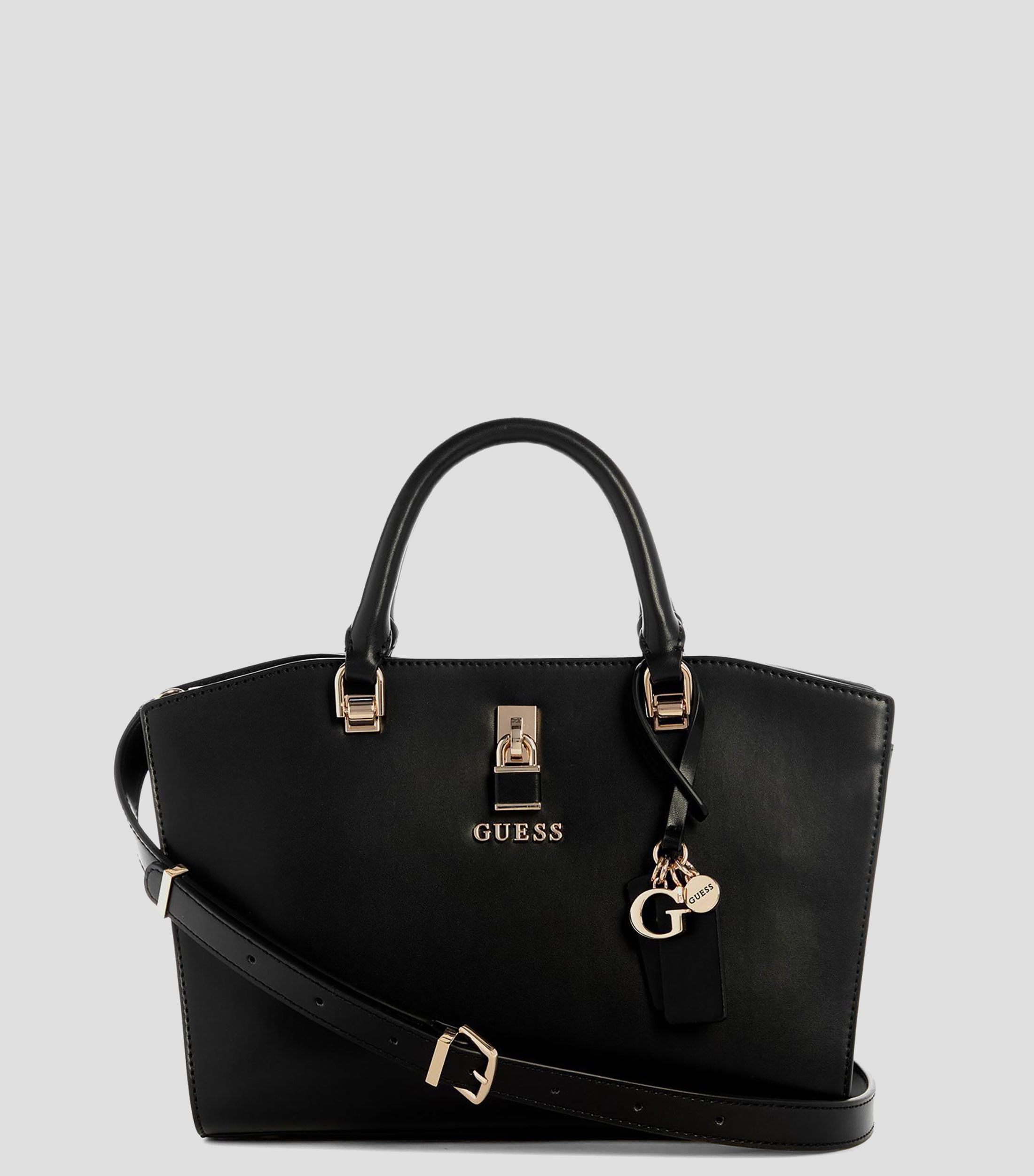 Sac à Main Guess Queensland Satchel - Noir, Cuir écologique, Fermeture éclair, Dimensions 31x20x13 Cm