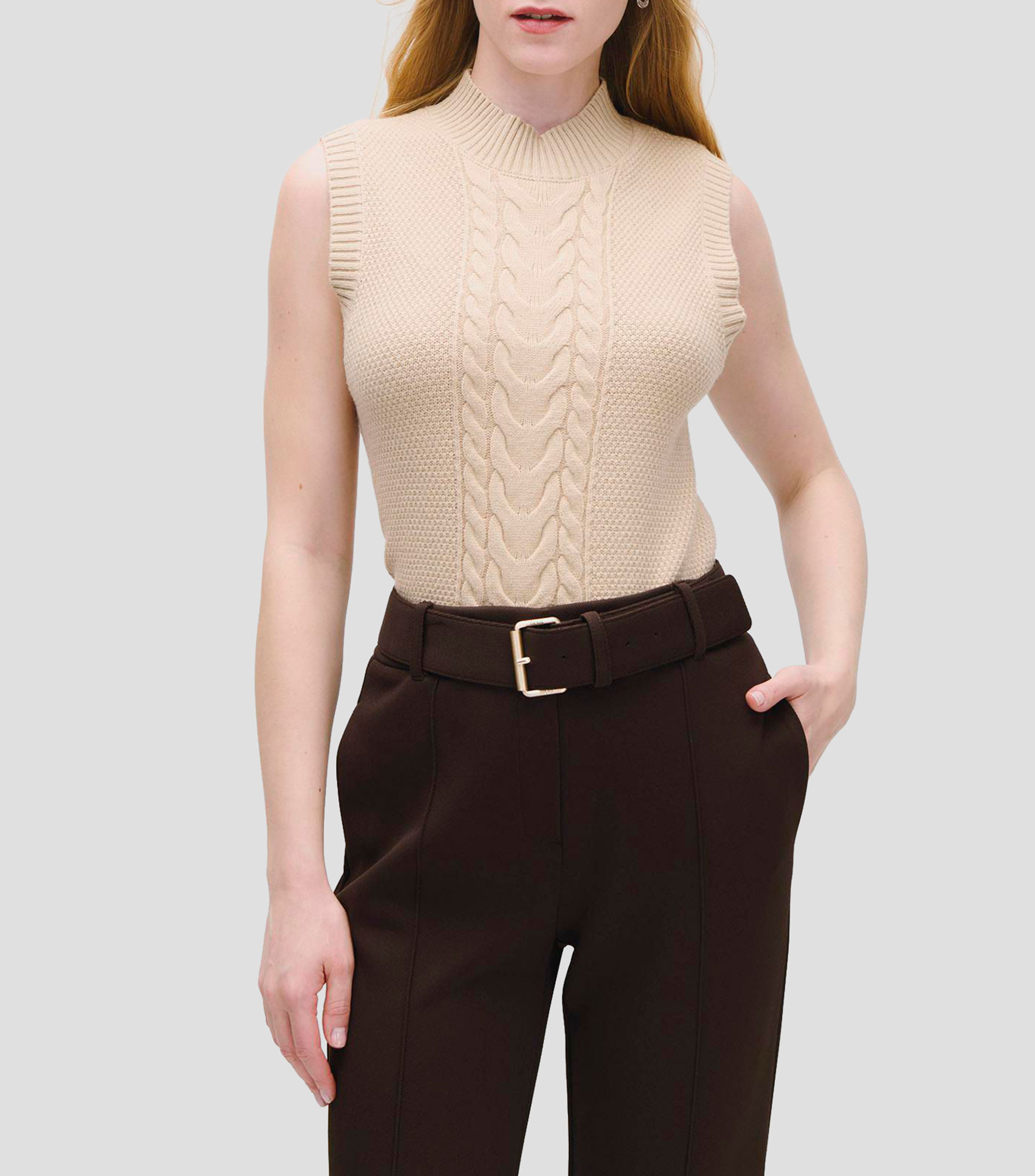 Chaleco Tejido Panal Combinado Beige Cuello Perkins Mujer