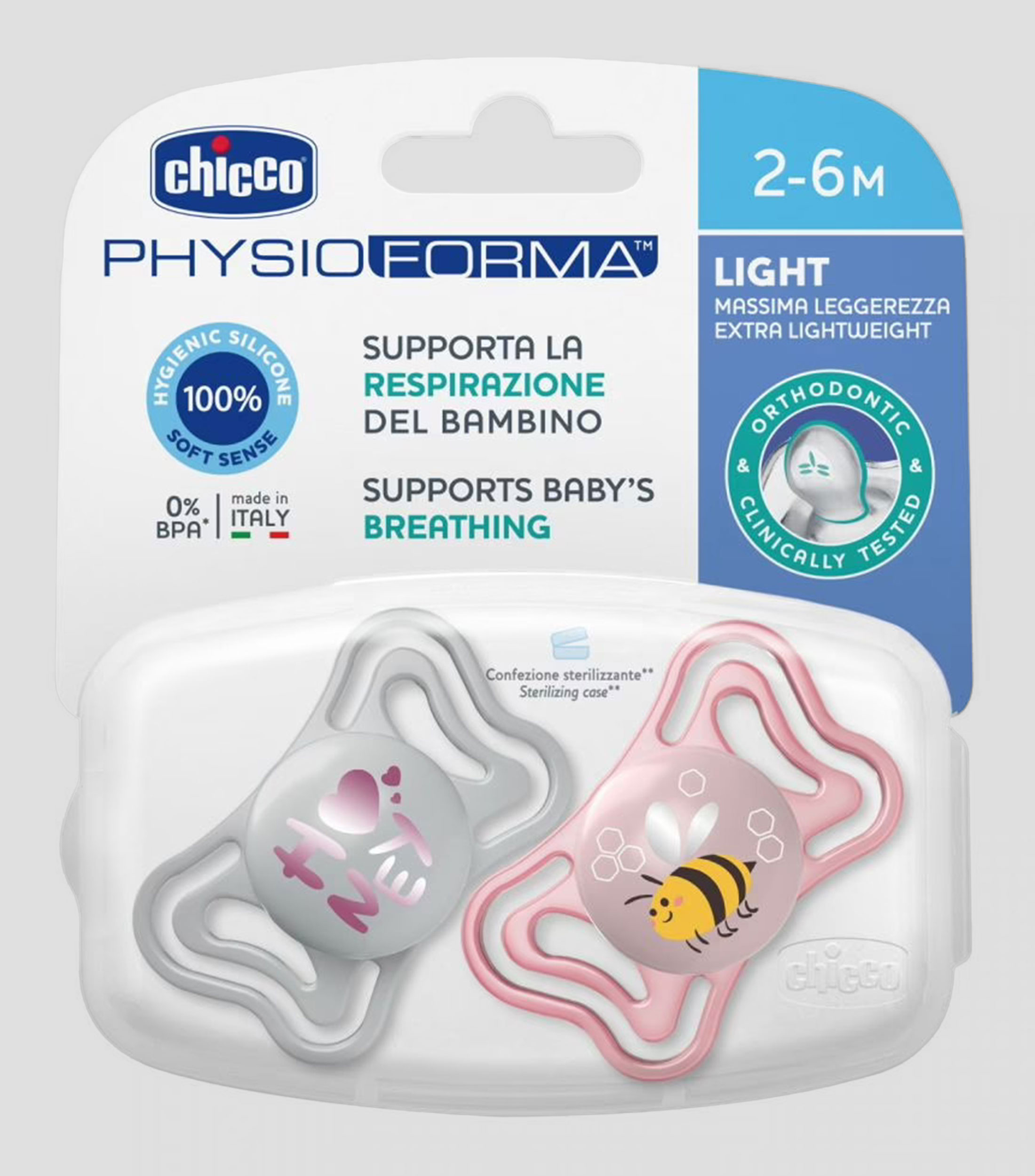 Set de 2 chupones Physioforma Light Blanco y rosa 2-6 meses