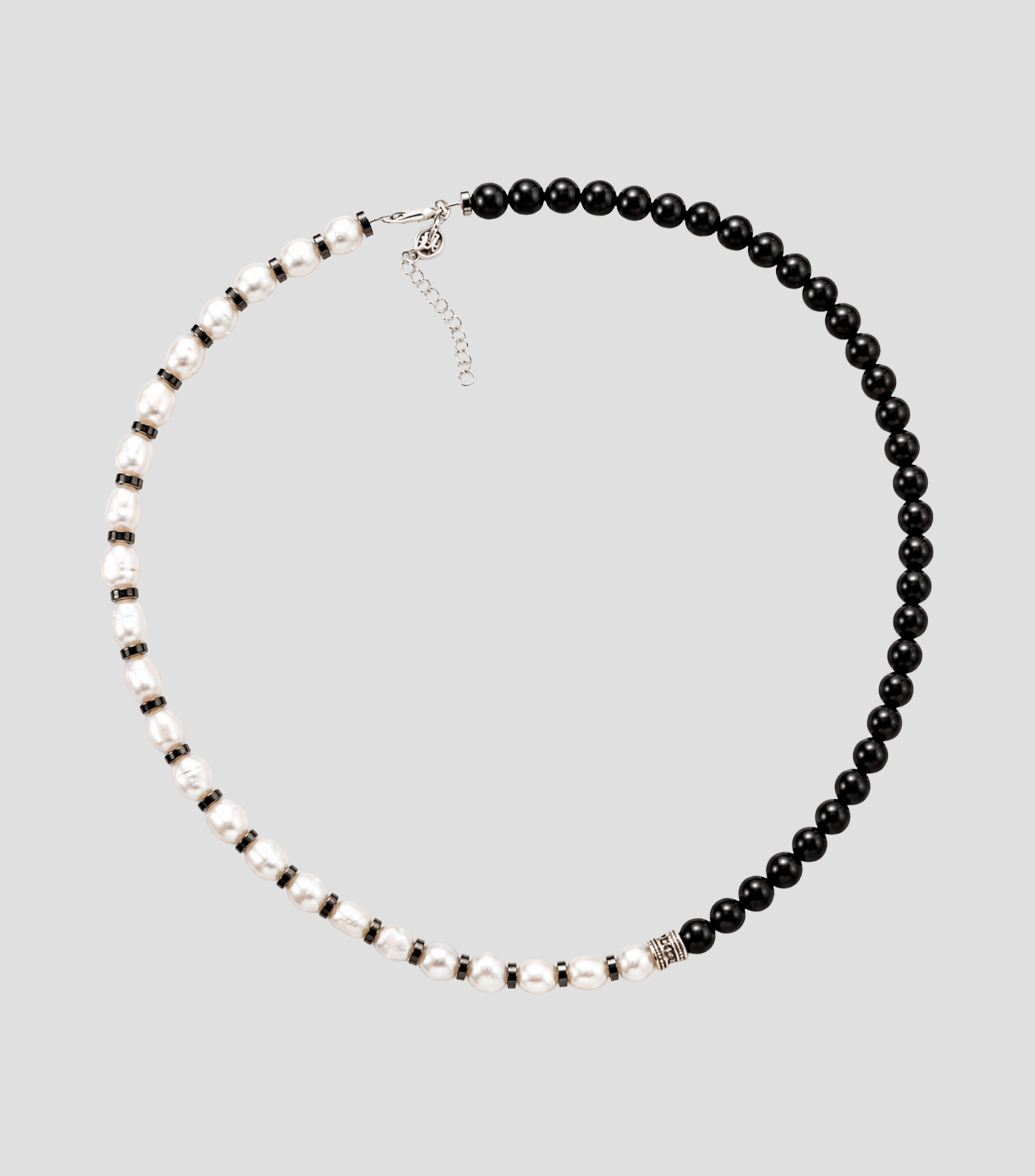 Collar de perlas y cuentas en Plata .925 con broche de perico y cadena extensible Hombre