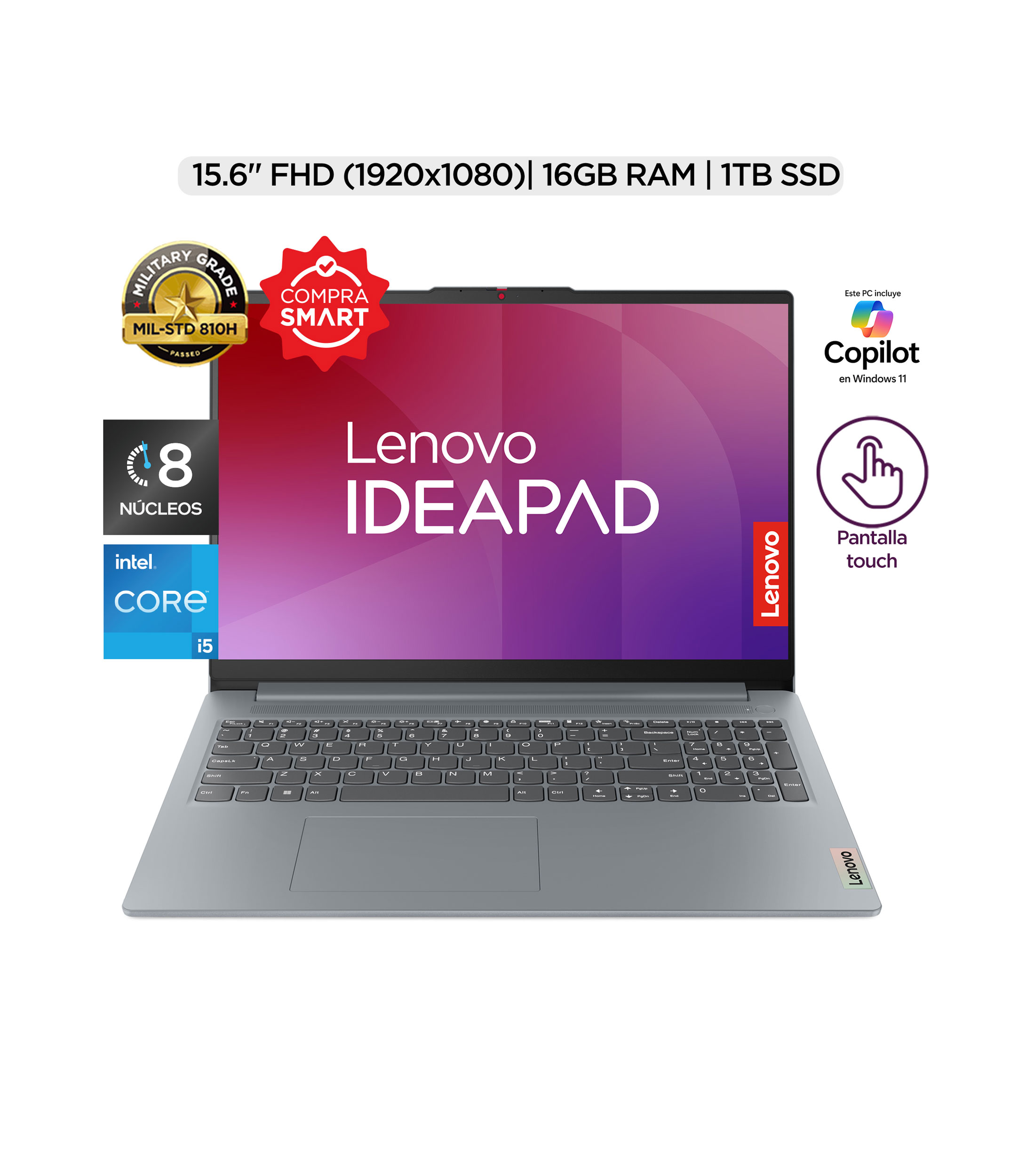 Laptop, Lenovo Ideapad Slim 3, 15.6" FHD Touch, Intel Core i5, 16 GB RAM, 1TB SSD, Gris