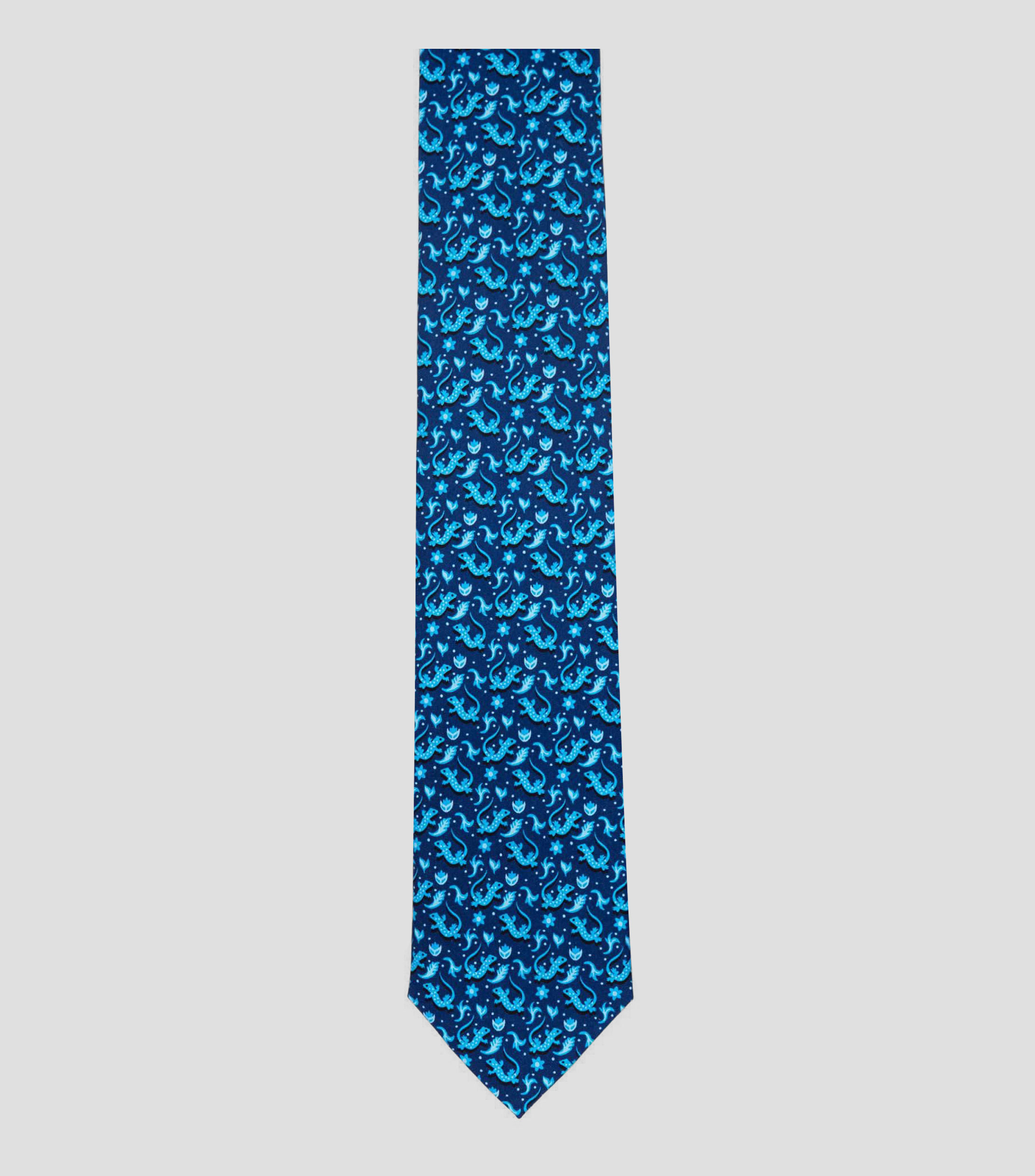 Corbata ancha de seda azul marino estampada S8 Iguana Mexicana