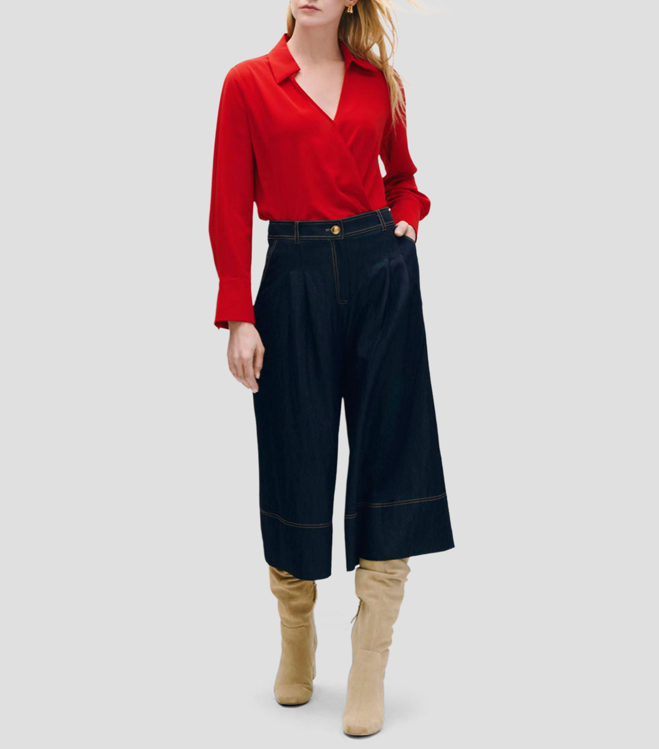 Blusa Envolvente Roja Cuello Camisero Mujer