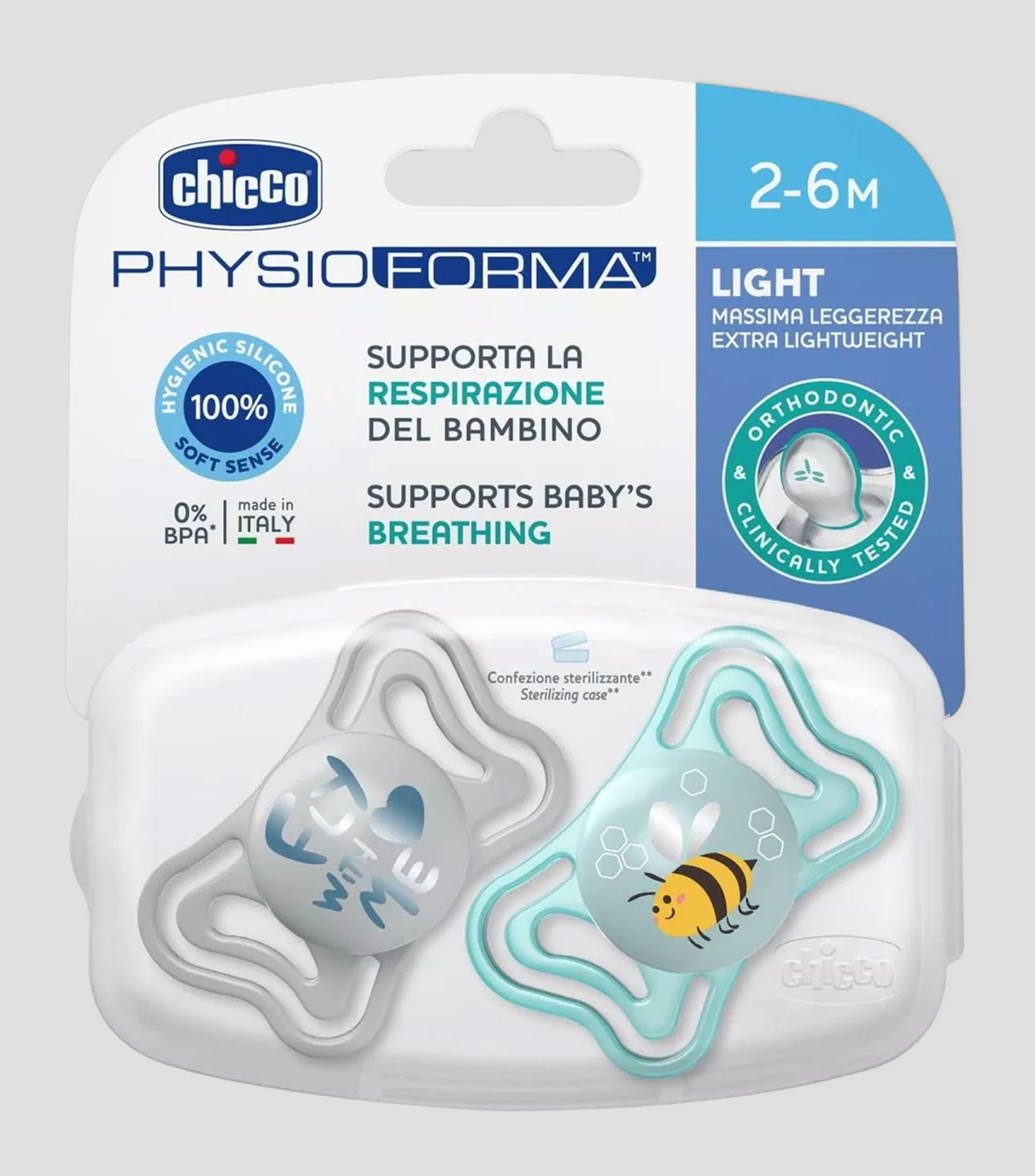 Set de 2 chupones Physioforma Light Azul y blanco 2-6 meses
