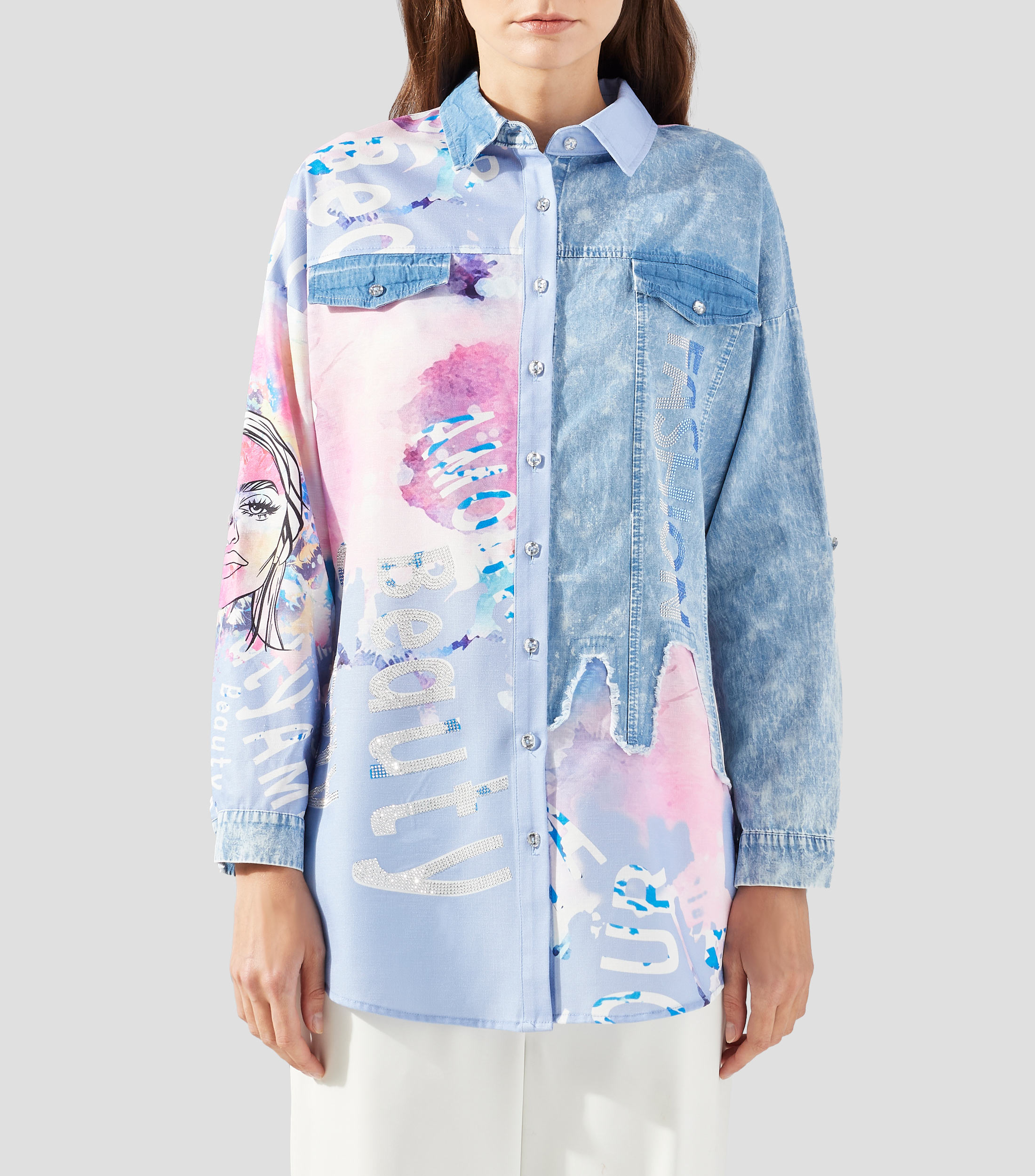 Camisa con estampado manga larga Mujer