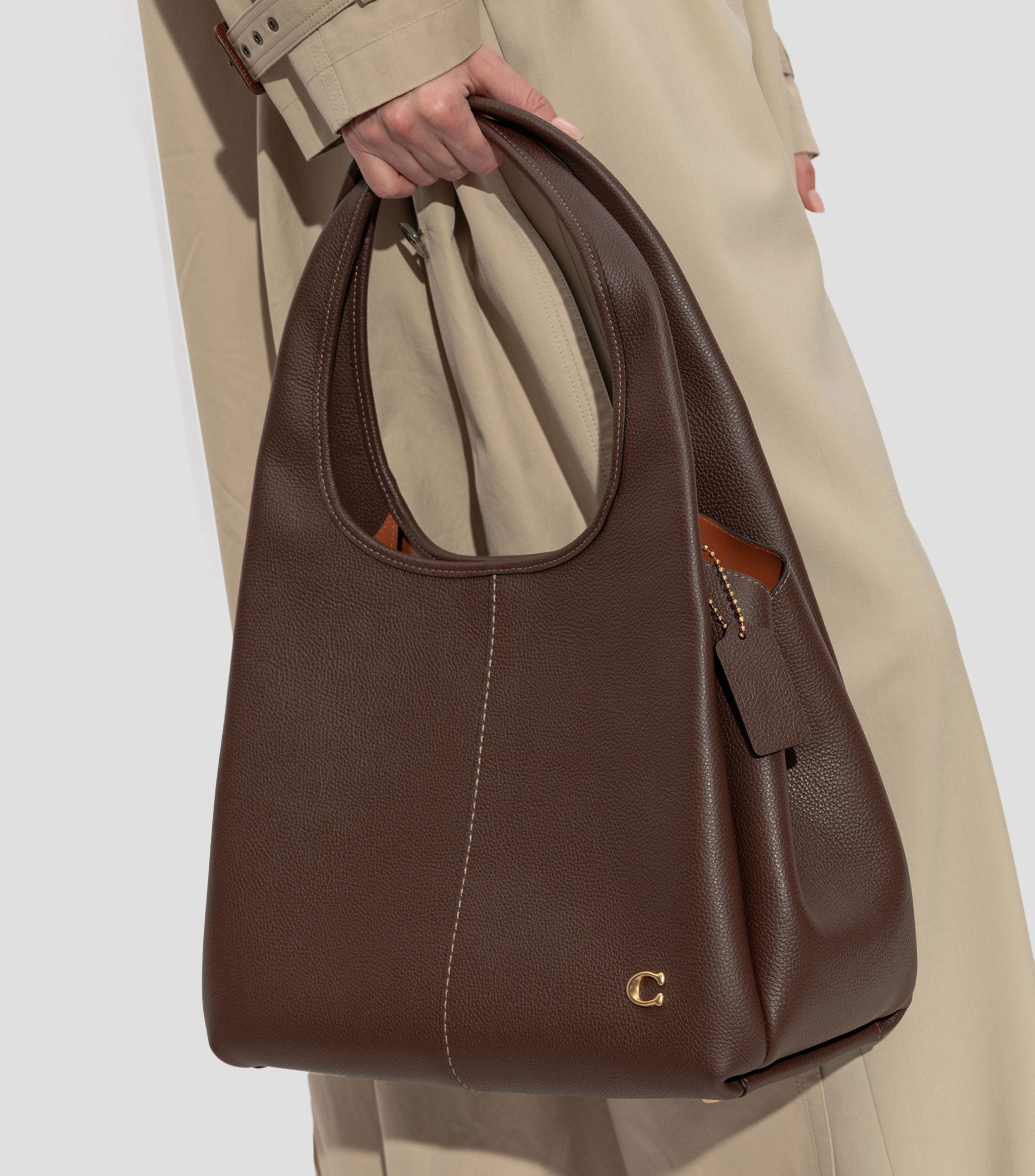 Bolsa Tote café en piel Lana granulada Mujer