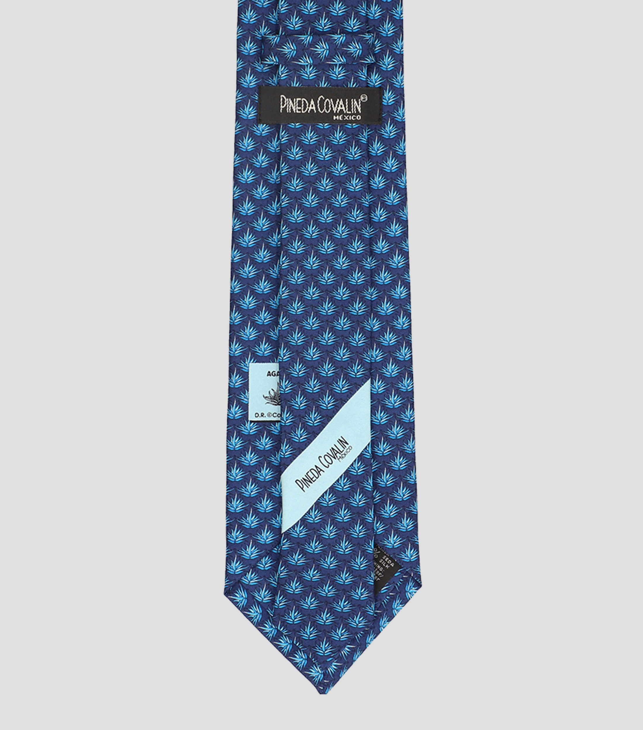 Corbata ancha de seda azul marino con agaves