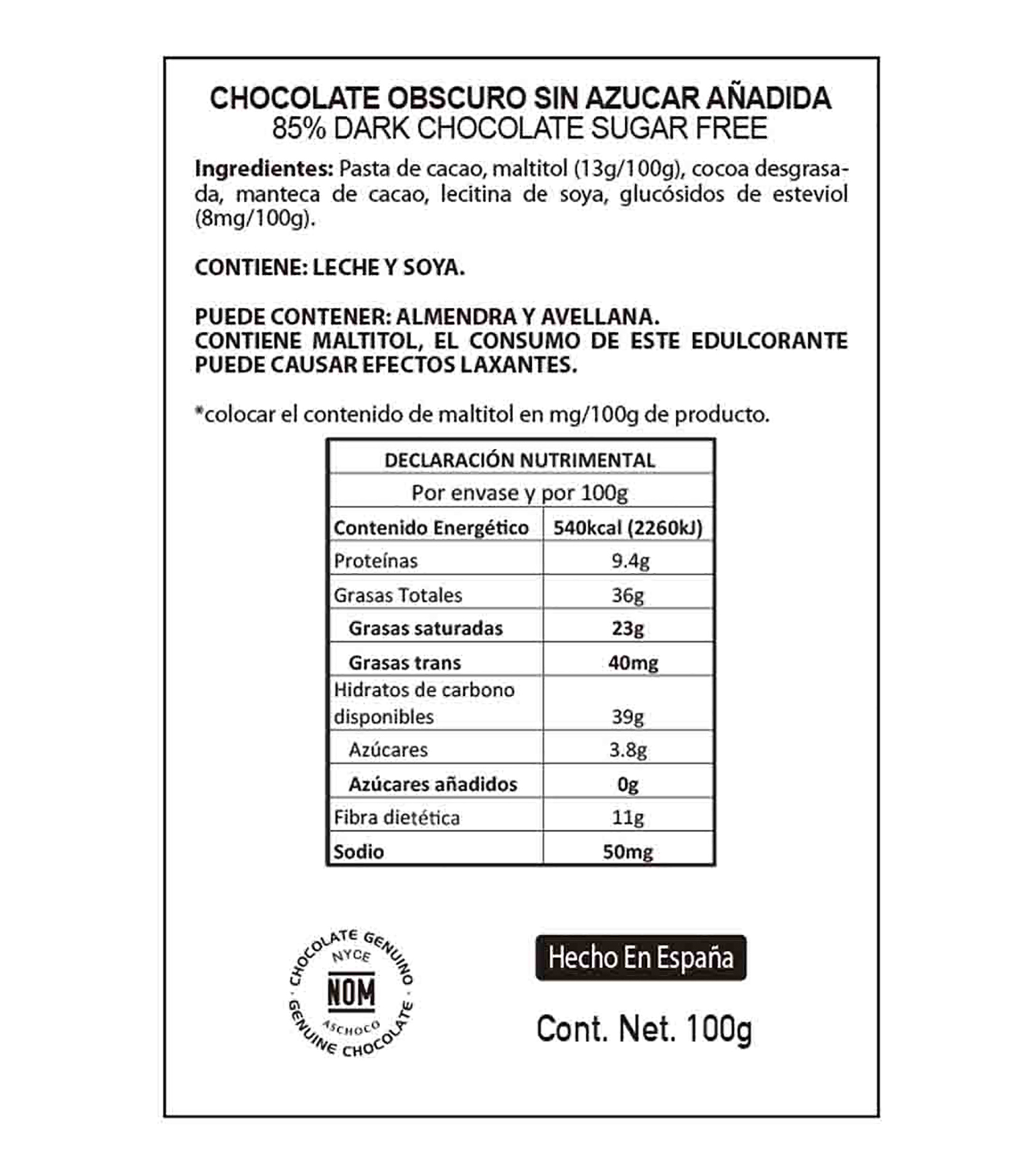 Chocolate Amargo 85 Amargo Puro sin Azucar, 100 g