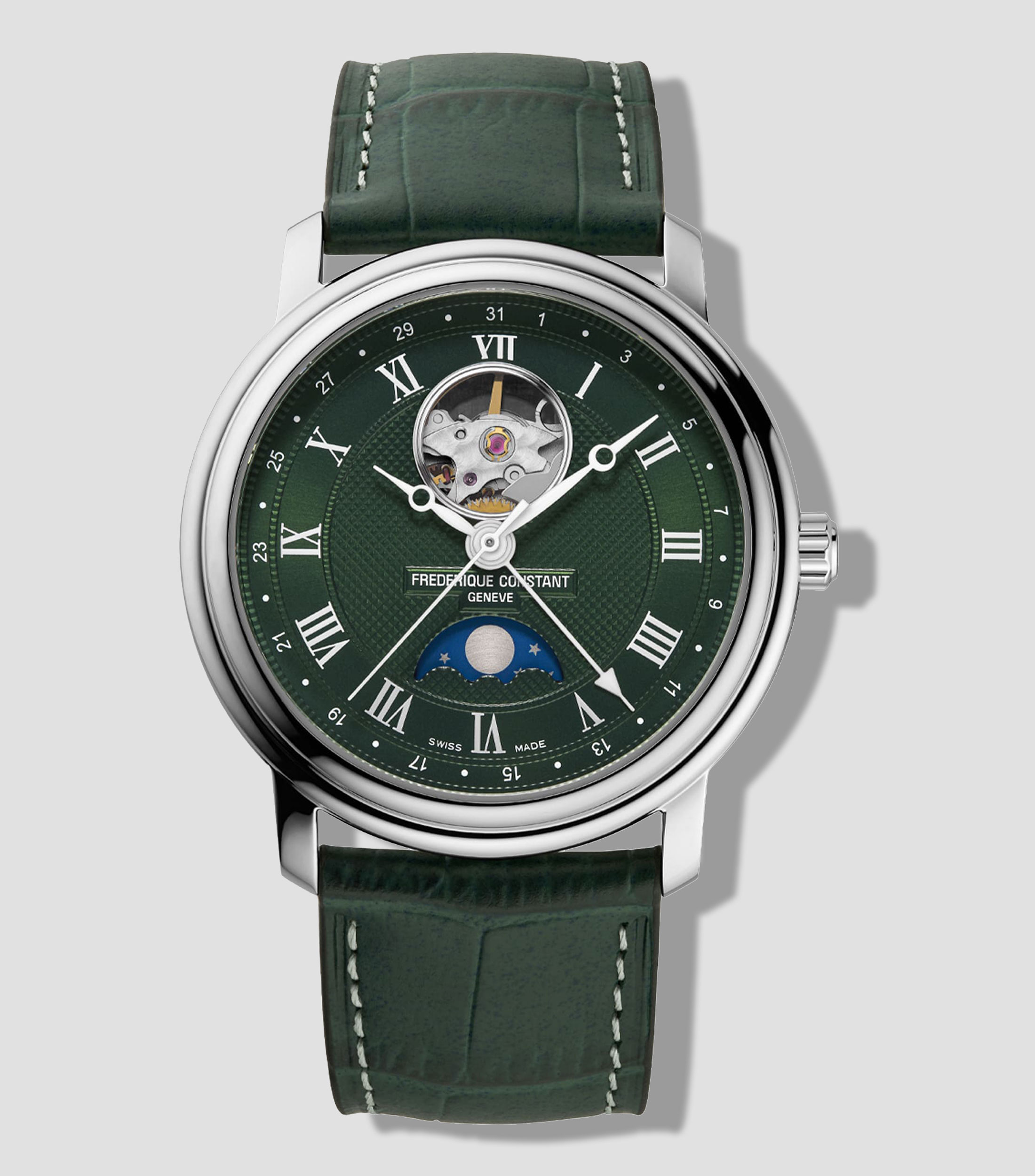 Reloj para Hombre Open Heart Moonphase Casual Verde, Plateado