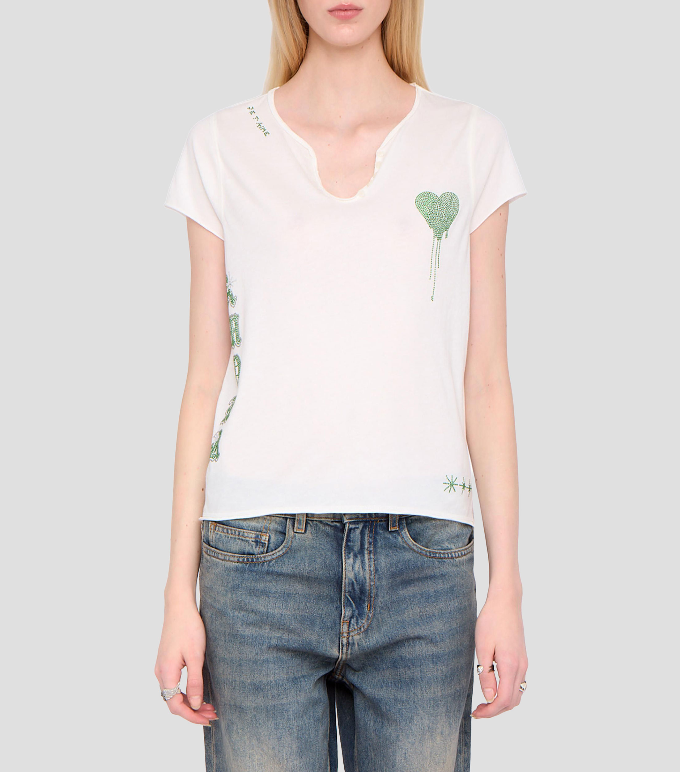 Playera de cuello V con manga corta estampada Mujer