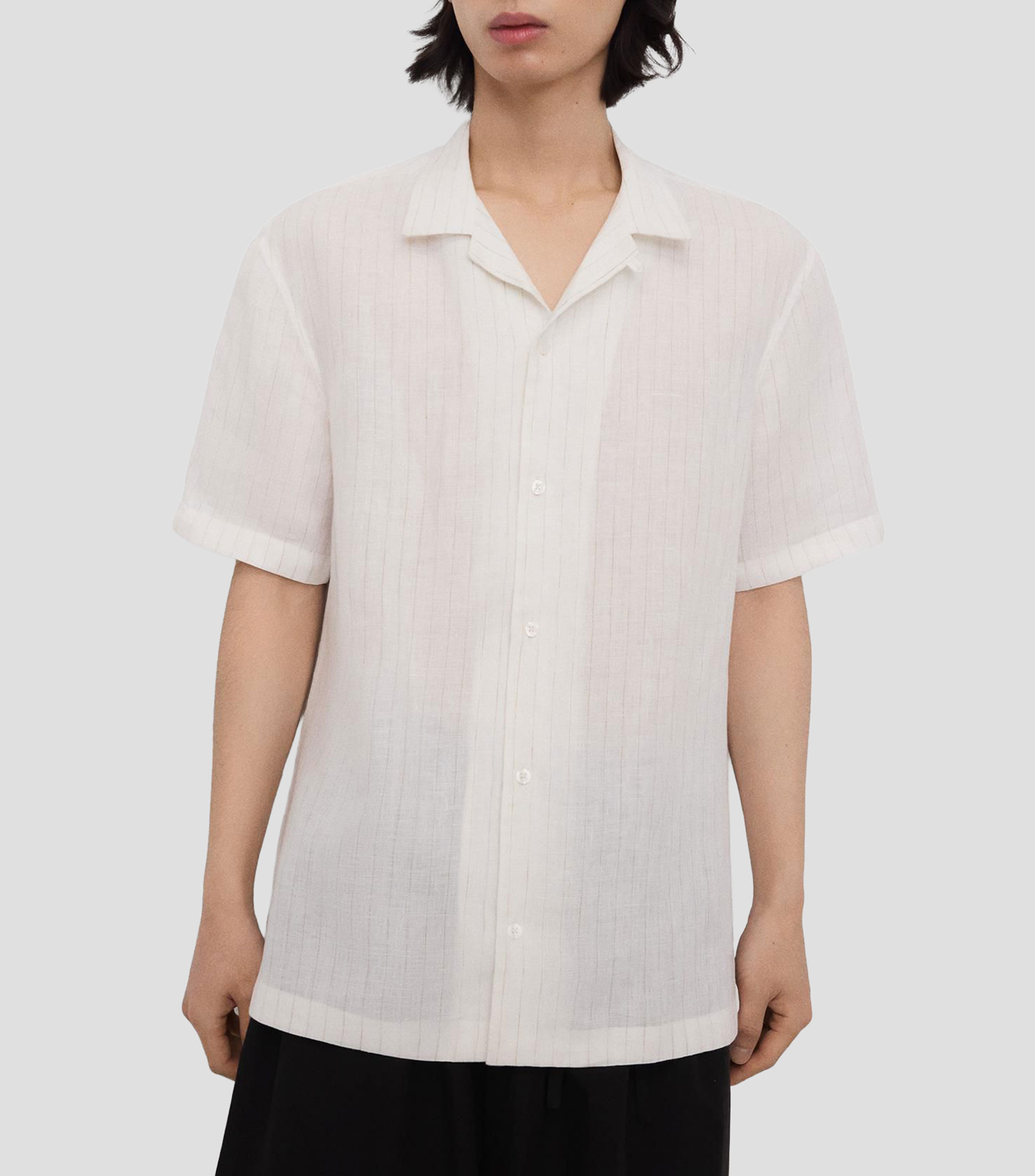 Camisa de rayas en lino con manga corta Hombre